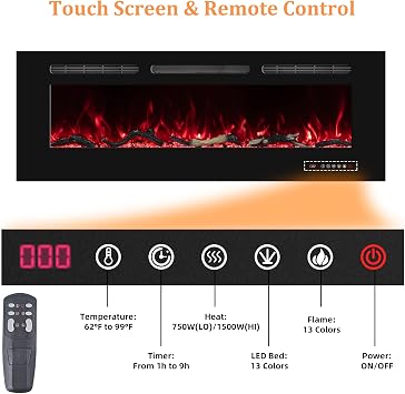 127cm Electric Fireplace Insert, Wall Mounted Fireplace Heater, 13 * 13 Flame Effects, Realistic Logs Ember Bed, Adjustable Thermostat & Timer, 1500W, Black(50)