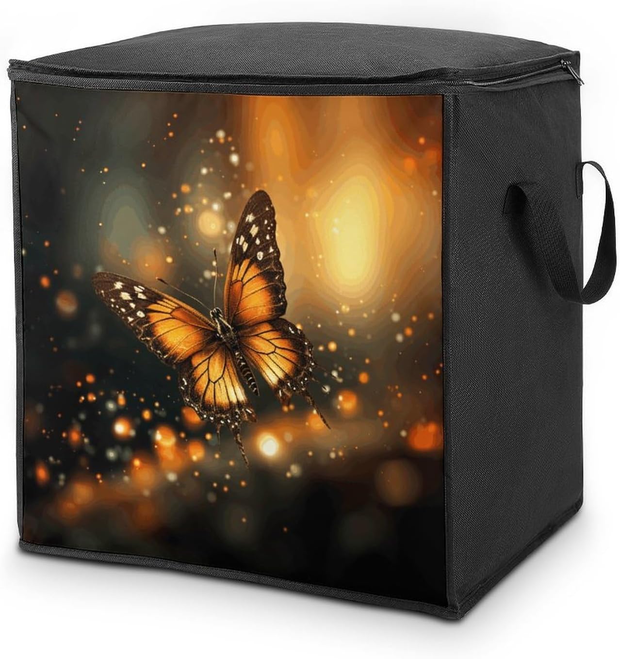 Orange Butterfly Storage Bag with Zippers And Handle Extra Large Bedding Comforter Storage Bag Foldable Blanket Storage Bags Fabric Moving Bags for Closet Organizer (70L)