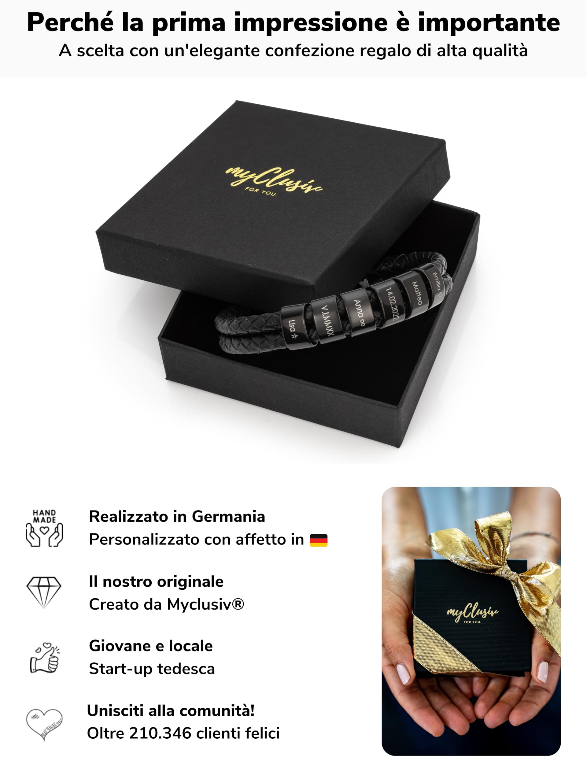 Bracciale da Uomo in Pelle con Incisione Personalizzata – Regalo per Papà – Bracciale Nero in Vera Pelle con Nome