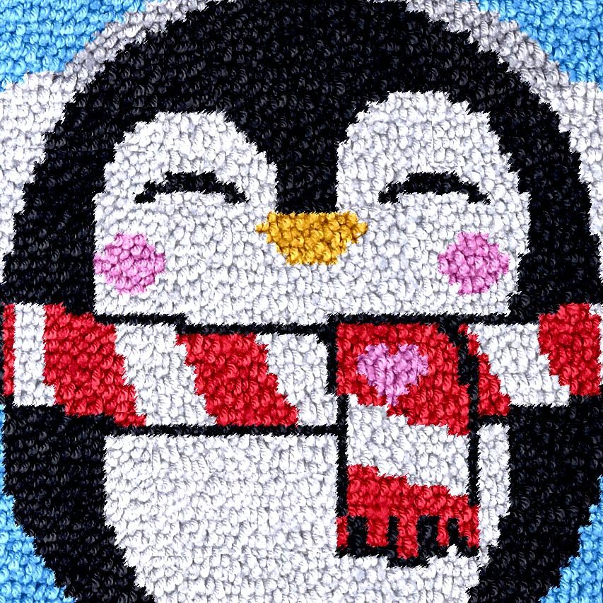 Image of Cartoon Fatty Penguin Latch Hook Rug Kits for Kids Beginner Easy Printed Canvas Crochet Yarn Embroidery Mini-Carpet Hook and Latch Kit Children Handmade Craft 30x30cm