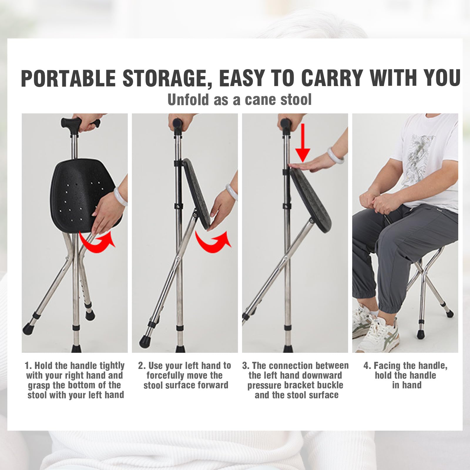 Gehstock mit Sitz, Sitzstock 120kg Kapazität, Große Sitzbrett In Fünf Positionen Höhenverstellbar, Cane und Hocker Dual-use, Spazierstock mit Sitz für Ruhende Erwachsene, Senioren und Genesener