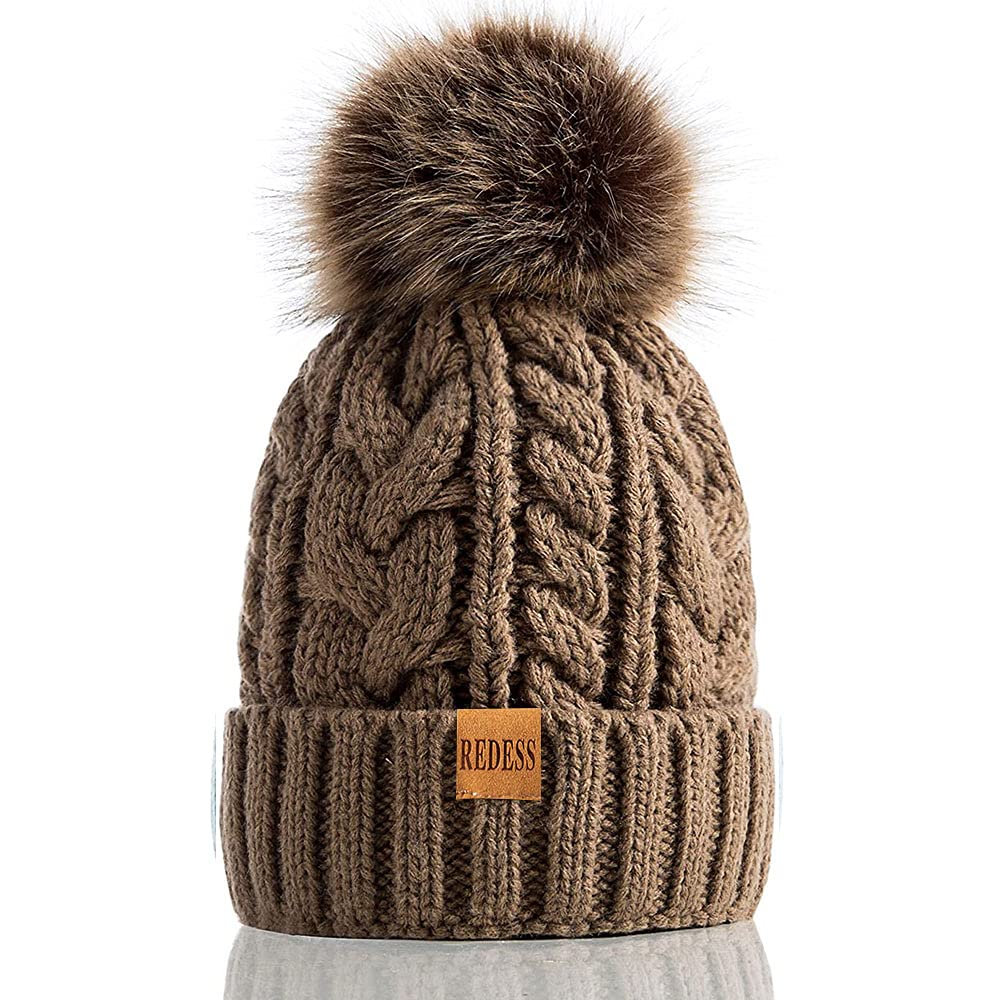 Redess Women's 1 # Khaki Winter Pompom Beanie Hat With Warm Fleece Lined, Thick Slouchy Snow Knit Skull Ski Cap