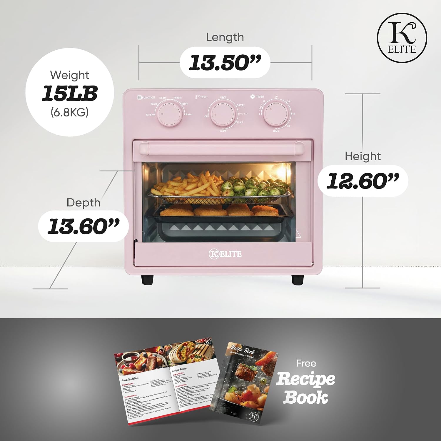 Kitchen Elite Mechanical Air Fryer Oven with Viewing Window, 16 Qt, Pink