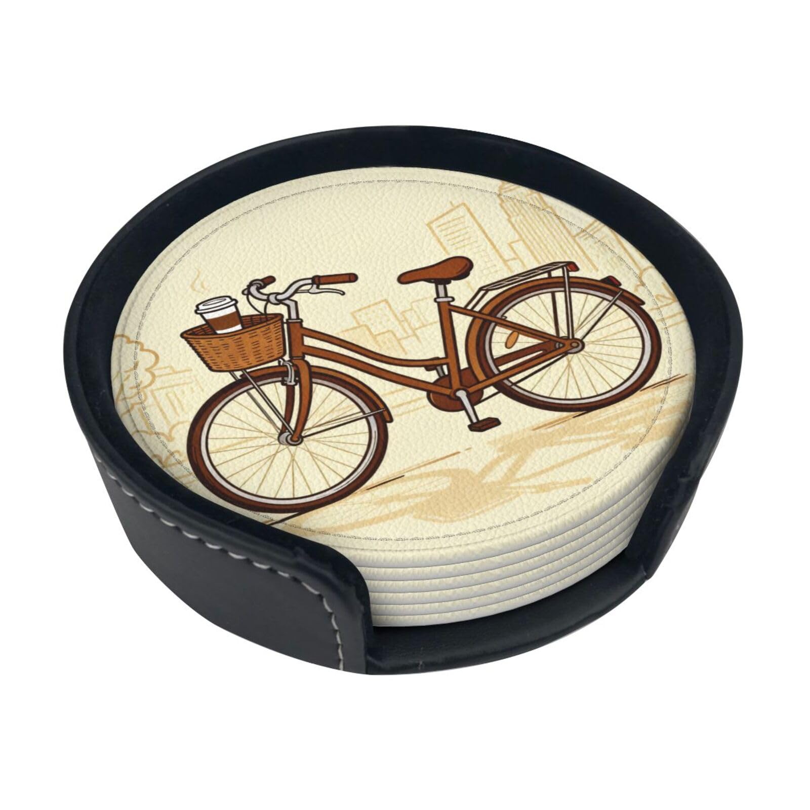 Cntdbu White Bicycle Coffee Cup Leather Coasters Set Of 6-Pu Leather Drink Mats For Table, Heat Resistant Round Coasters With Holder
