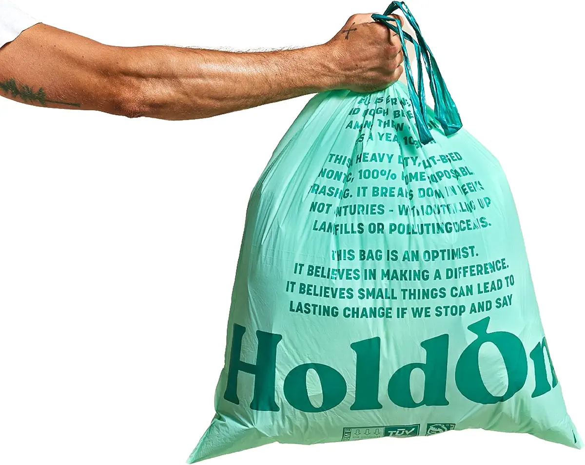 HoldOn Large Trash Bags 13 Gallon – Plant-Based Garbage Bags with Drawstring Handles for Tall Trash Bins – Trash Bags for Kitchen Bin (40 bags)