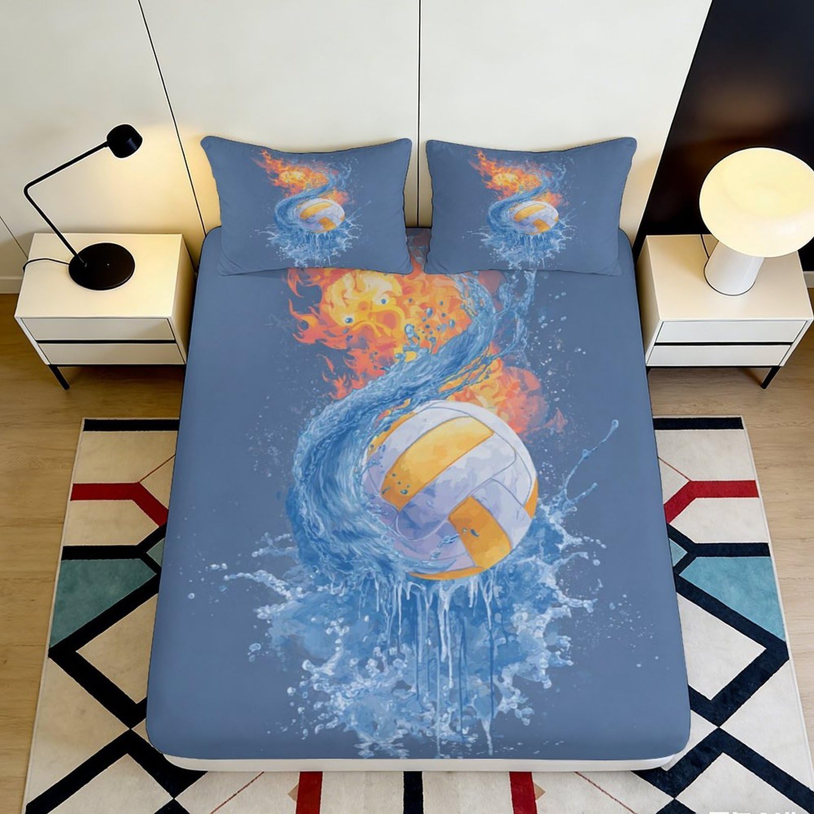 3D Printed Fire and Water Volleyball Fitted Sheet Microfiber Soft Breathable Splash Pattern Bed Cover for Bedroom Dormitory Guest Room Mattress Protection Decor 140x200x25cm
