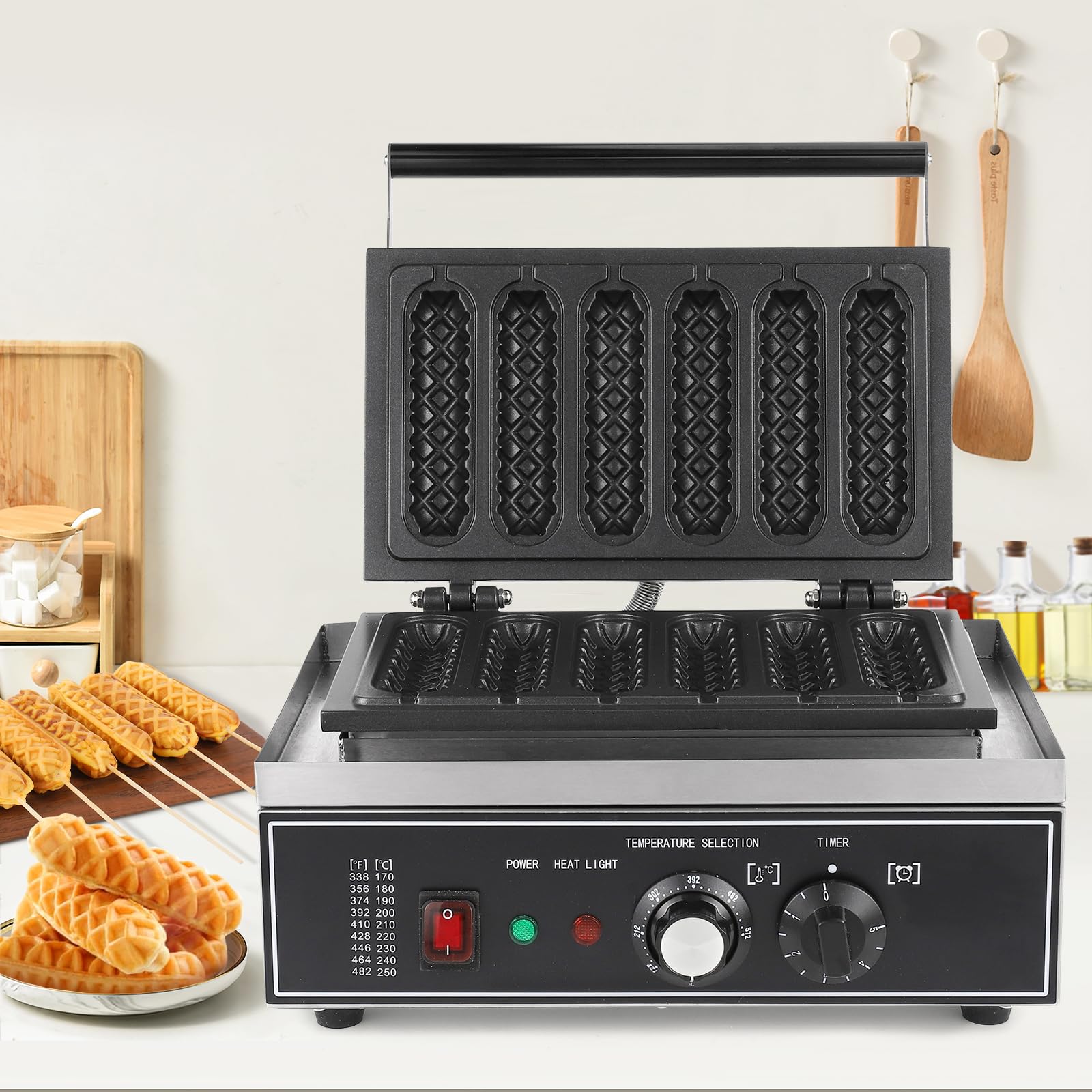 Máquina para hacer gofres de maíz comercial para perros, máquina para hacer gofres, 6 piezas, antiadherentes, de acero inoxidable, 0 a 250 ℃, control de temporizador de temperatura, 110 V