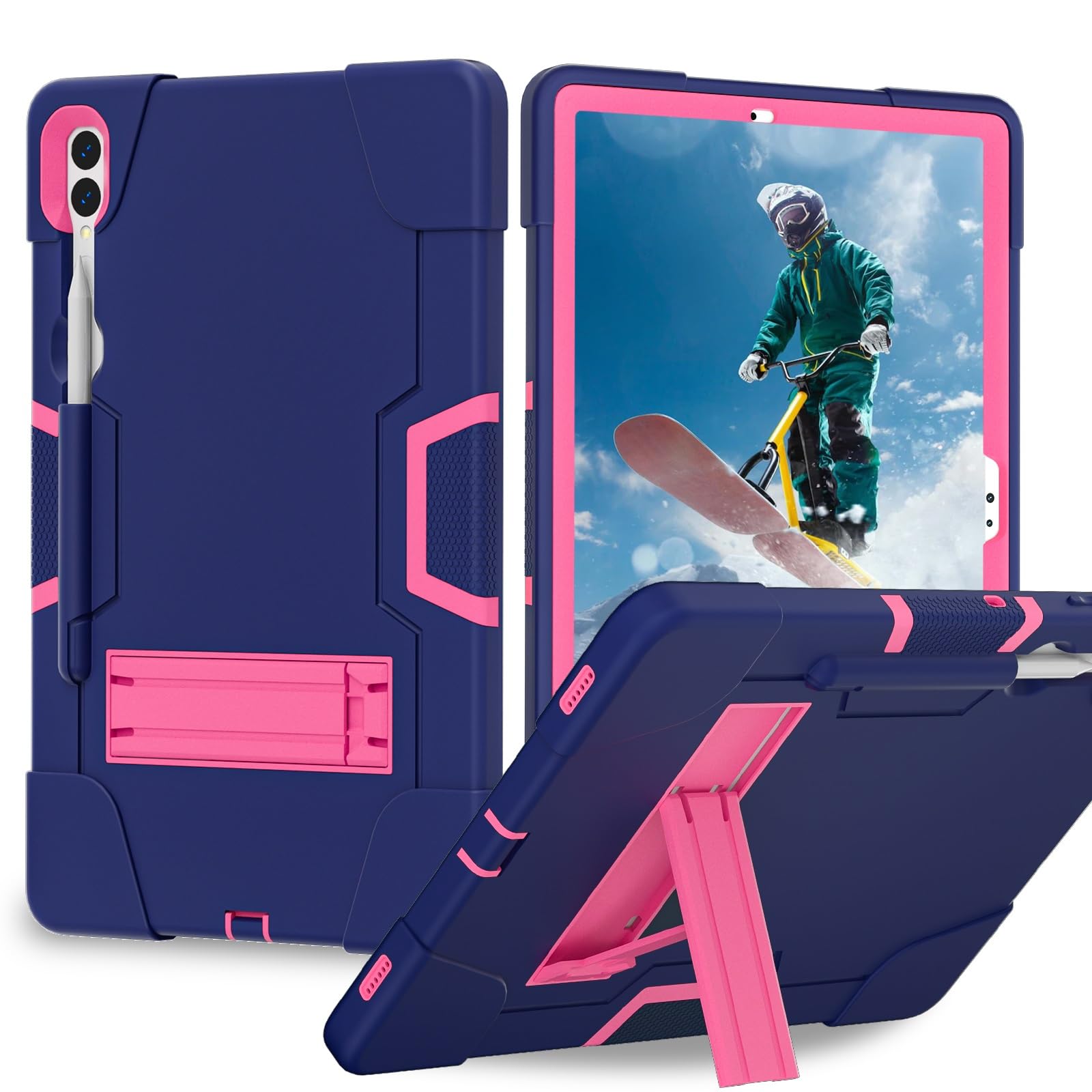 Etui do Samsung Galaxy Tab S9 Plus/Tab FE Plus SM-X810/X818U 31.5 cm (2023), silikonowe etui na tablet z podpórką, wytrzymałe, odporne na wstrząsy, wytrzymałe etui ochronne (granatowe + różowe