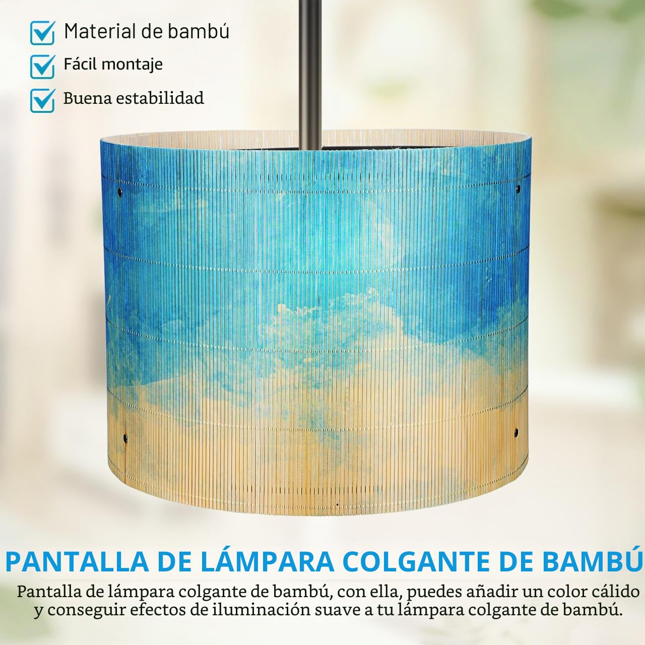 Hemobllo Pantalla de bambú con impresión acuarela azul, casquillo E27, pantalla decorativa para el hogar, 29,9 x 29,9 x 23,1 cm