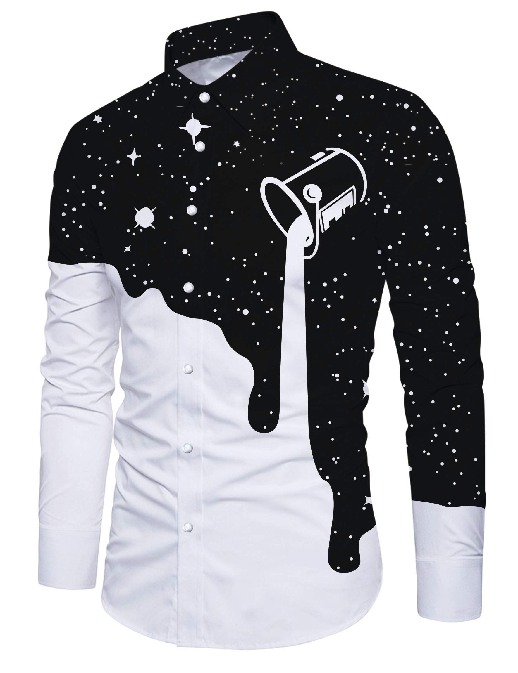 RAISEVERN Men's Bussiness Galaxy Pouring Milk Printed Long Sleeve Dress Shirts XL