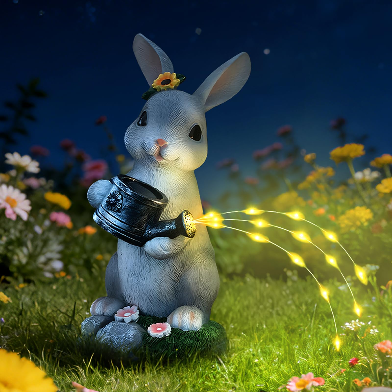 Cuteefun Decorazione Solare da Giardino Coniglio per Esterno, Decorazione Animale da Giardino con Luce Solare, Statua di Coniglio che Trasporta un Annaffiatoio, Regali per la Casa e per L'arredamento