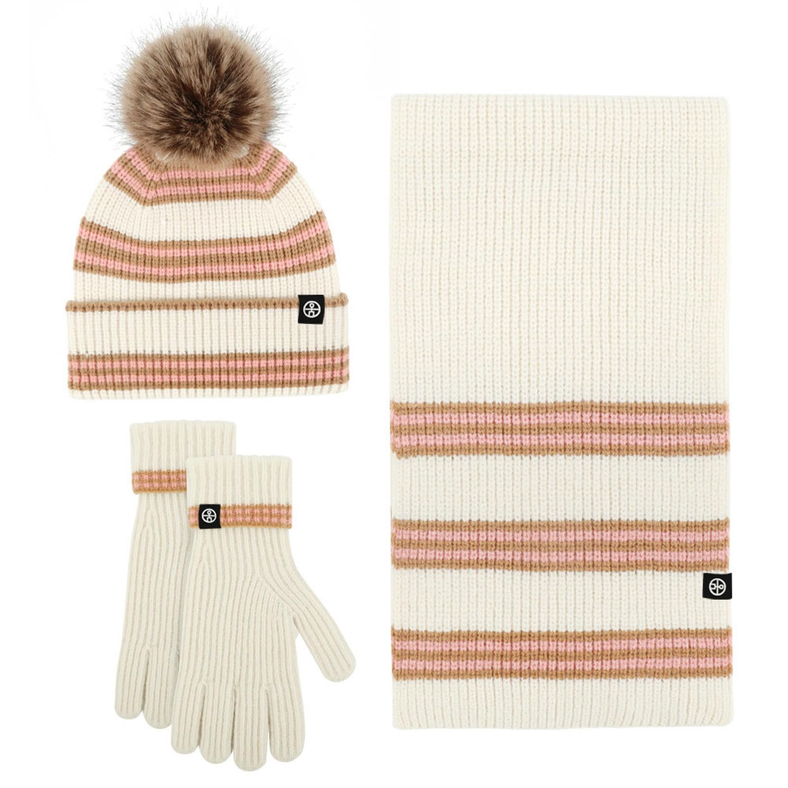 Wintermütze Schal Handschuhe Set Winterwarmes Outdoor-strickschal-Set Mit Gestreiften Ohrenschützern, Bommelmütze, Und Handschuhen-grau