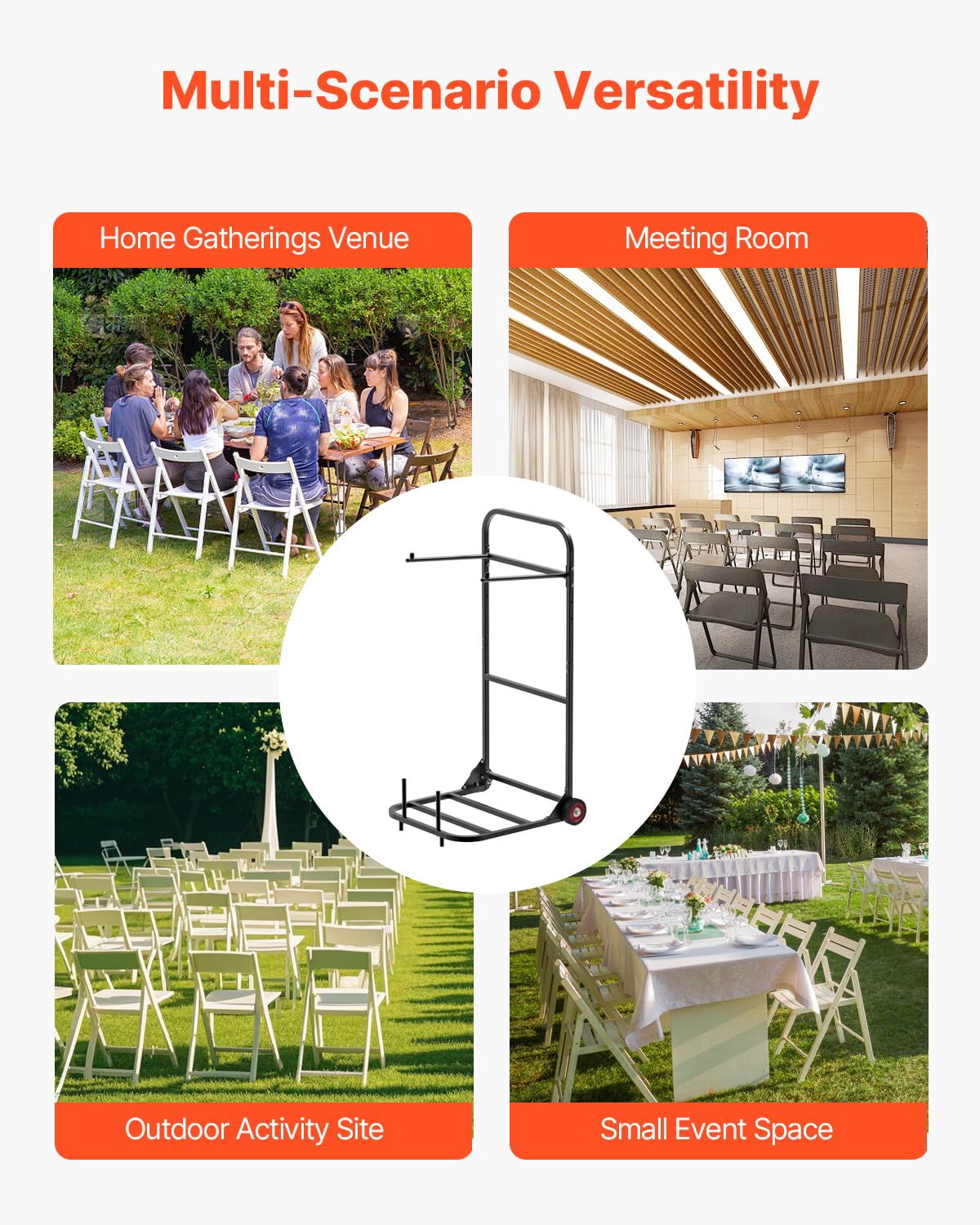 VEVOR Chariot de Chaise Pliante, Capacité de Charge 45 kg, Support Robuste pour Suspendre 10 Chaises, Organiseur de Rangement Multifonction Métal à Pousser avec Roues, pour Salle à Manger, Noir Mat