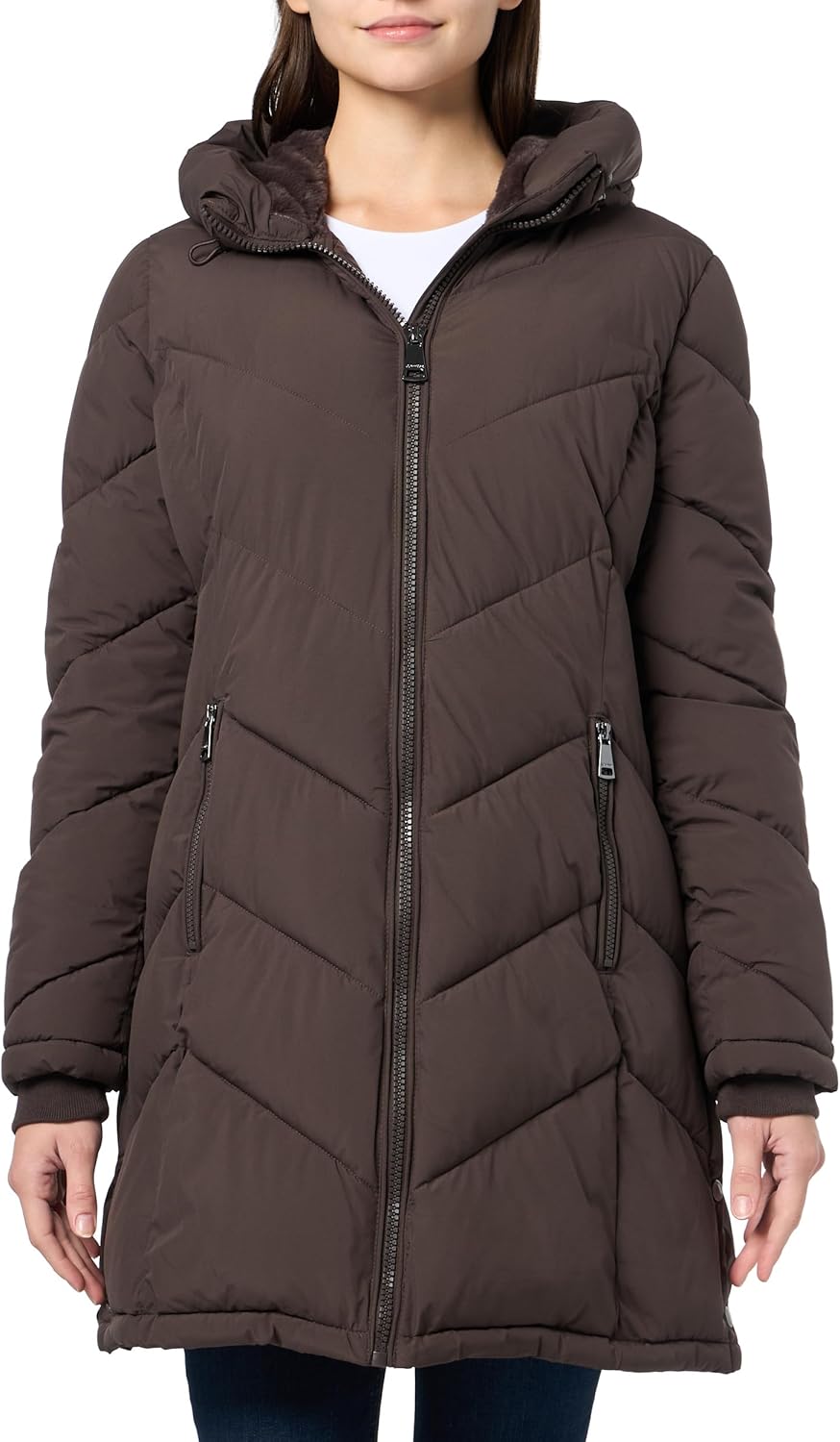 Calvin Klein Women's Long Puffer Coat With Diagonal Stitching and Faux Fur Hood Lining