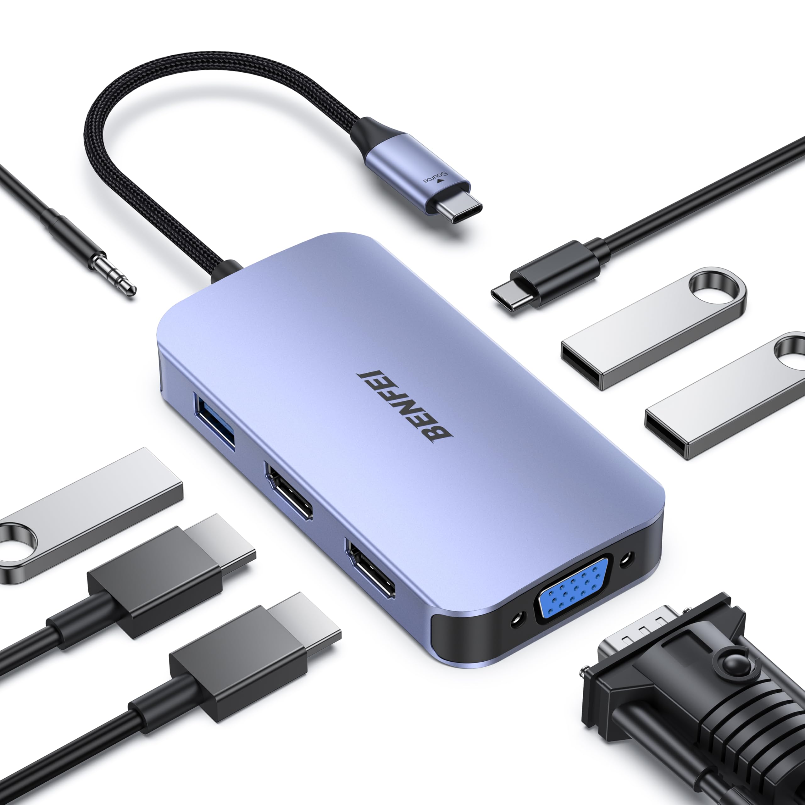 BENFEI USB C Docking Station 8-in-1 USB C Hub with Triple Display Dual HDMI VGA 3 USB 3