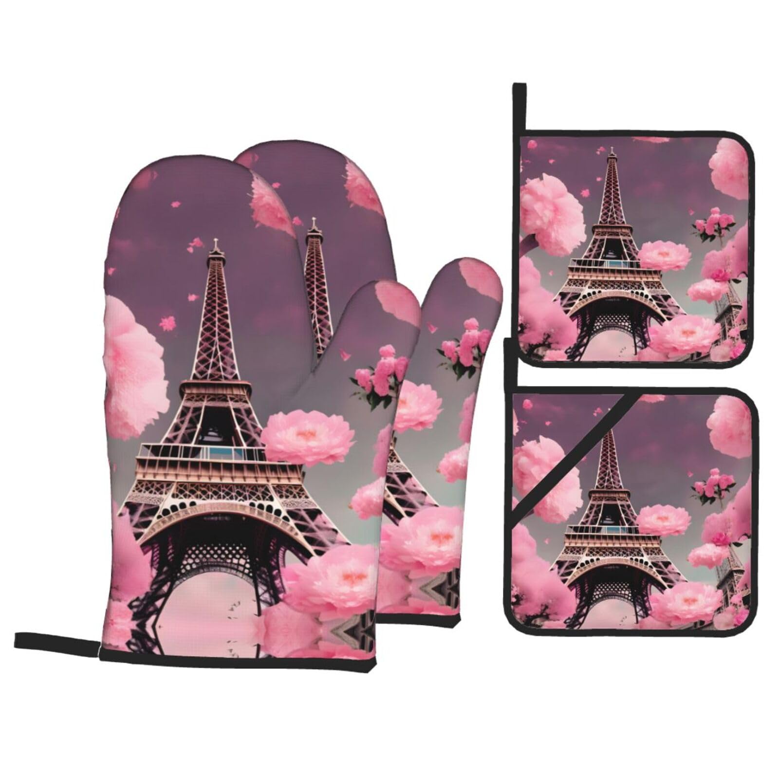 Paris Street Eiffel Tower Pink Floral Print Oven Microwaving Waterproof Kitchen Gloves for Baking Grilling Holiday Cooking