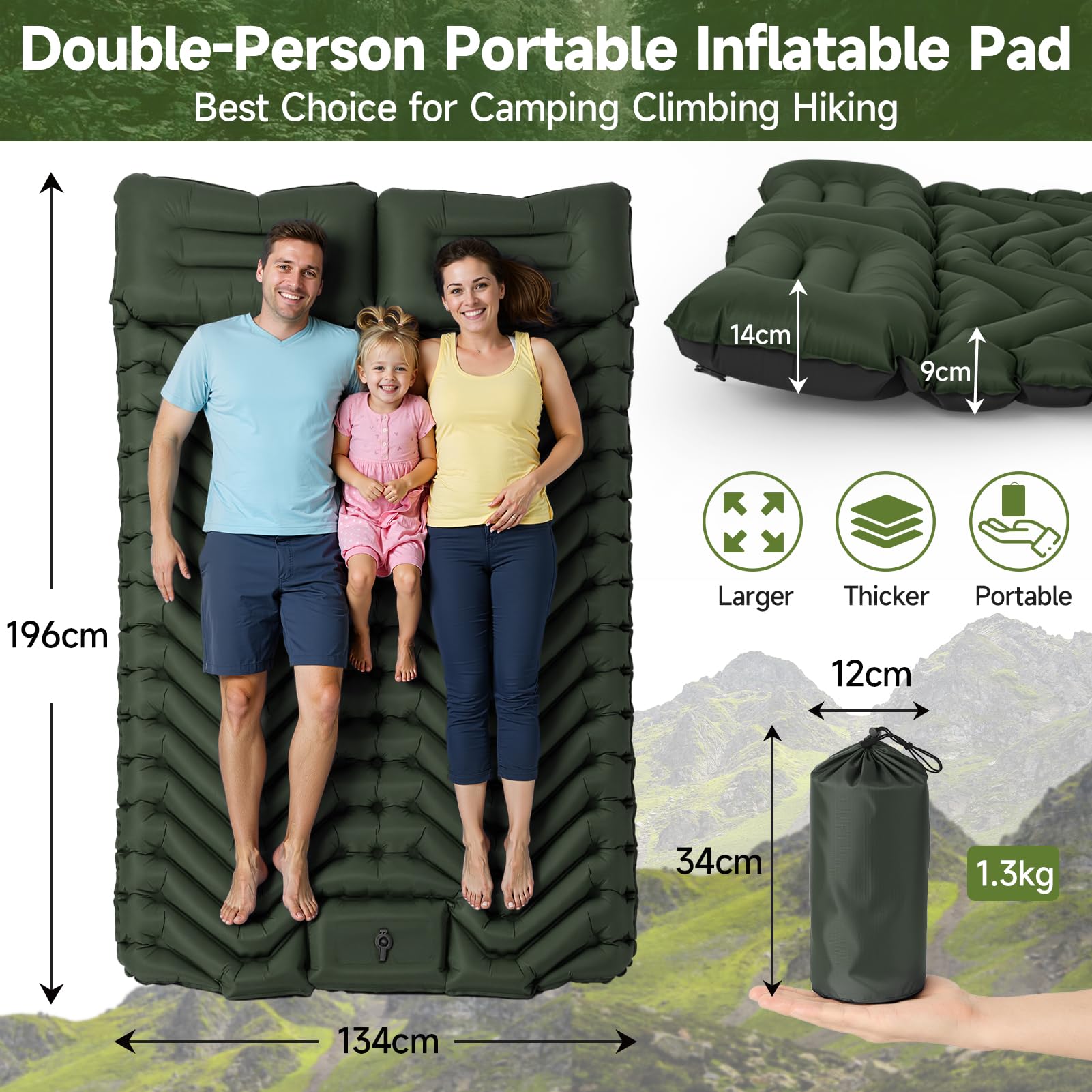 HAUSPROFI Tapis de Camping Isotherme Double, Matelas pneumatique de Camping ultraléger pour 2 Personnes avec Pompe à Pied et Oreiller, Matelas Gonflable Compact et léger, Tapis de Camping, Vert