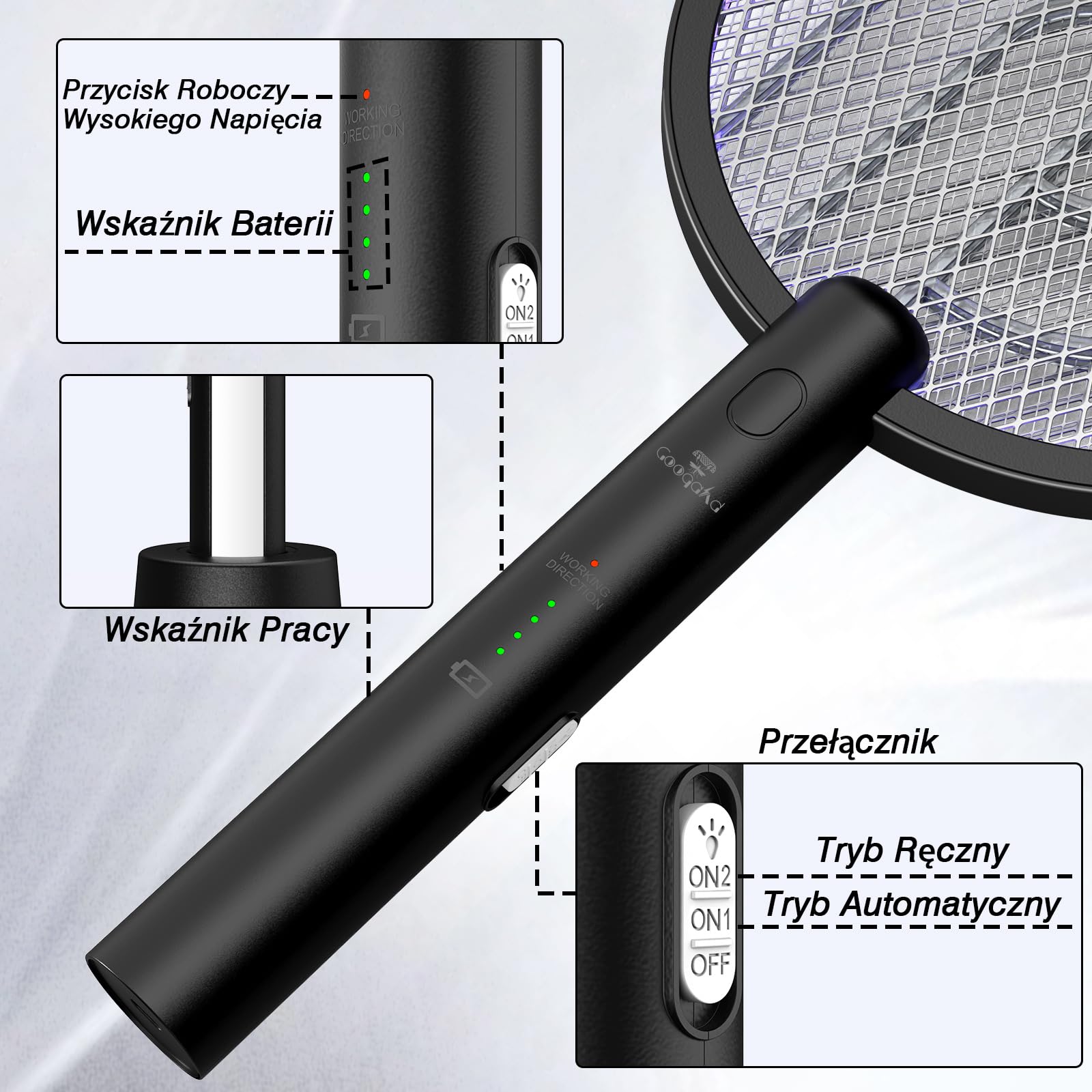 Elektryczna packa na muchy, GooQand 4000V Fly Killer Electronic z rakietą na muchy USB 2 w 1, poręczna packa na komary z 3-warstwową siatką ochronną do biwakowania wewnątrz i na zewnątrz, czarna，2szt