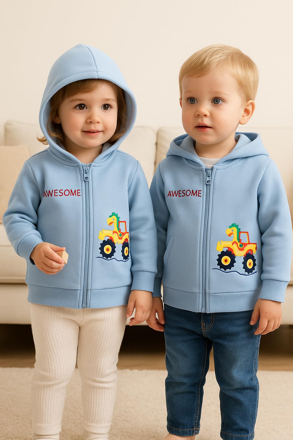 Bold N Elegant Kids Winter Warm Fleece Awesome Dinosaur Print Front Open Regular Fit Zipper Hoodie Sweatshirt for Infant Toddler Baby Boys & Girls (2-3 Years, Blue) - Image 5 thumbnail