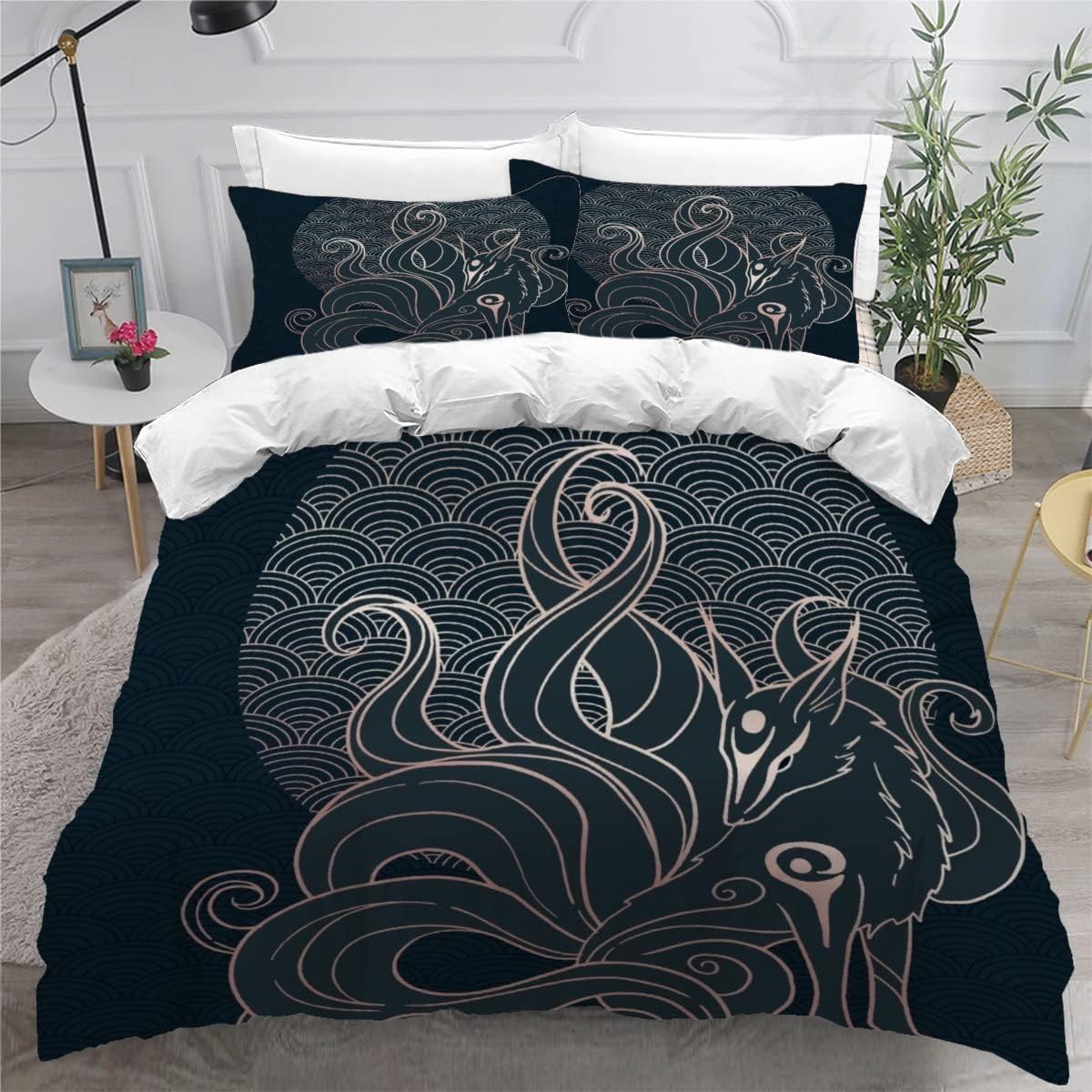 MEVASA King Bedding Set Fox 3d Printed Girls Boys Adults Soft Microfiber Fluffy Breathable Kingsize Duvet Cover Set Black Fox Bedding King Size with 2 Pillow Cases /230x220