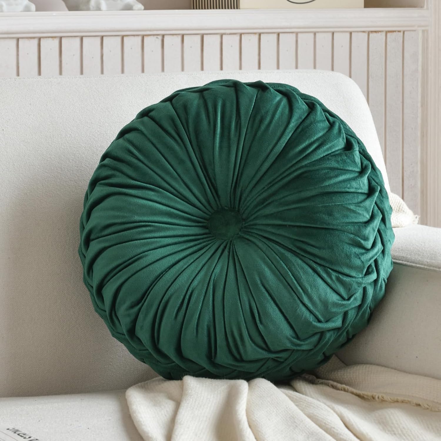 2 Pcs Round Throw Pillows Decorative Pumpkin Velvet Boho Pleated Bed Pillows Back Support for Couch Chair Dorm Car 14.96'' (Emerald)
