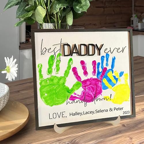 Miniatura 5 de Placa de madera personalizada con estampado de mano para el Día del Padre, letrero personalizado con el texto en inglés "Best DADDY Ever Hands