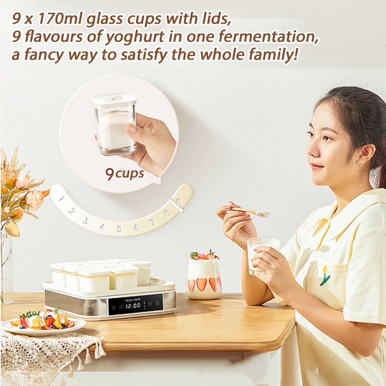Yogurt Maker per yogurt fatto in casa e natto, temperatura regolabile e controllo del tempo, include 9 barattoli di vetro per dessert freschi