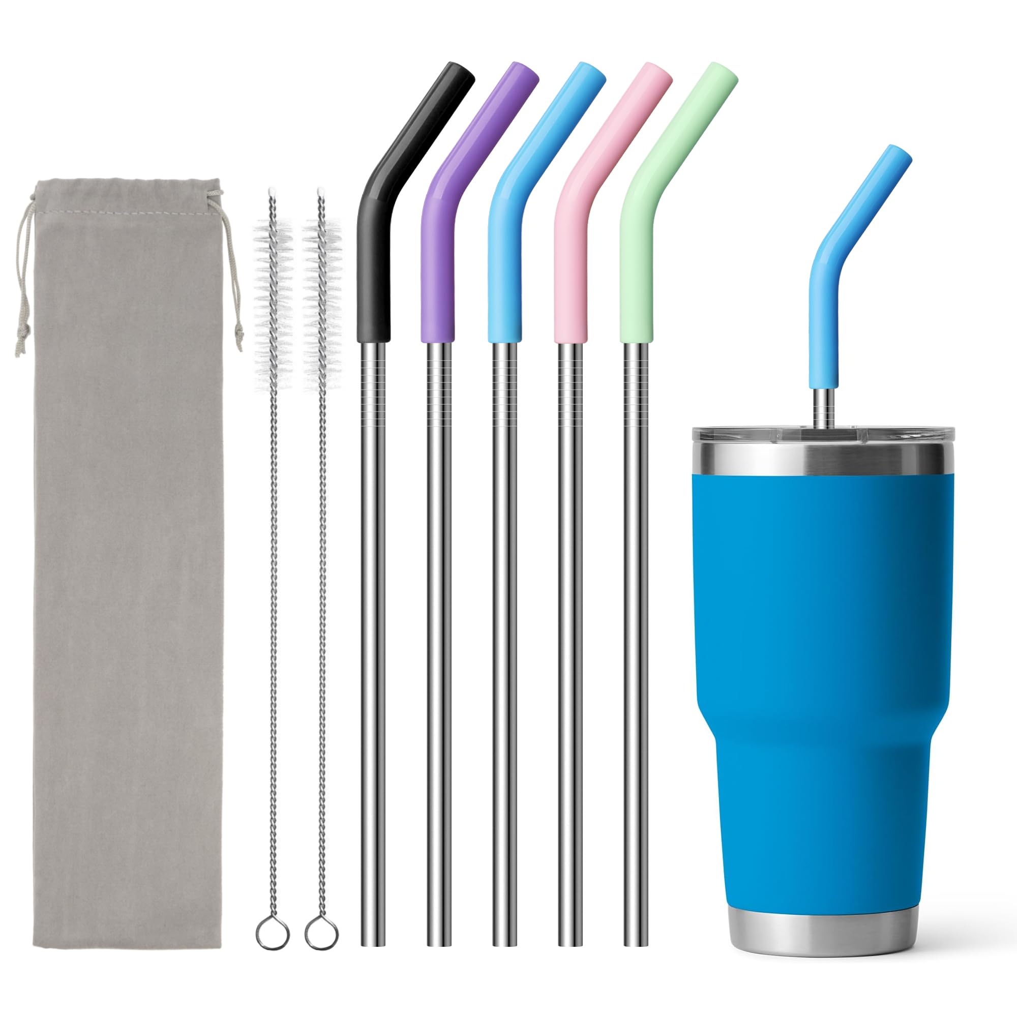 Metal Straws Reusable With Silicone Tips, 9.5" Stainless Steel Straight Drinking Straw for Yeti 30 oz Tumbler- 2 Cleaning Brushes &amp; 1 Portable Bag