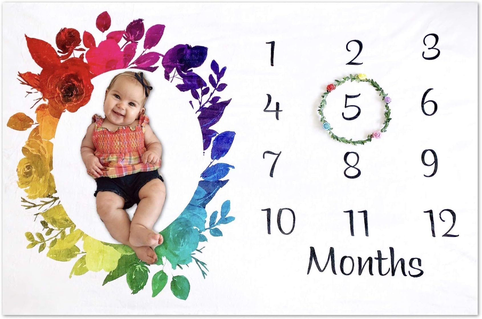 Corbase Rainbow Baby Monthly Milestone Blanket by Storky | Girl or Boy Photography Background Prop | Bonus Floral Flower Wreath | Newborn to 12 Months Baby Registry Watch Me Grow