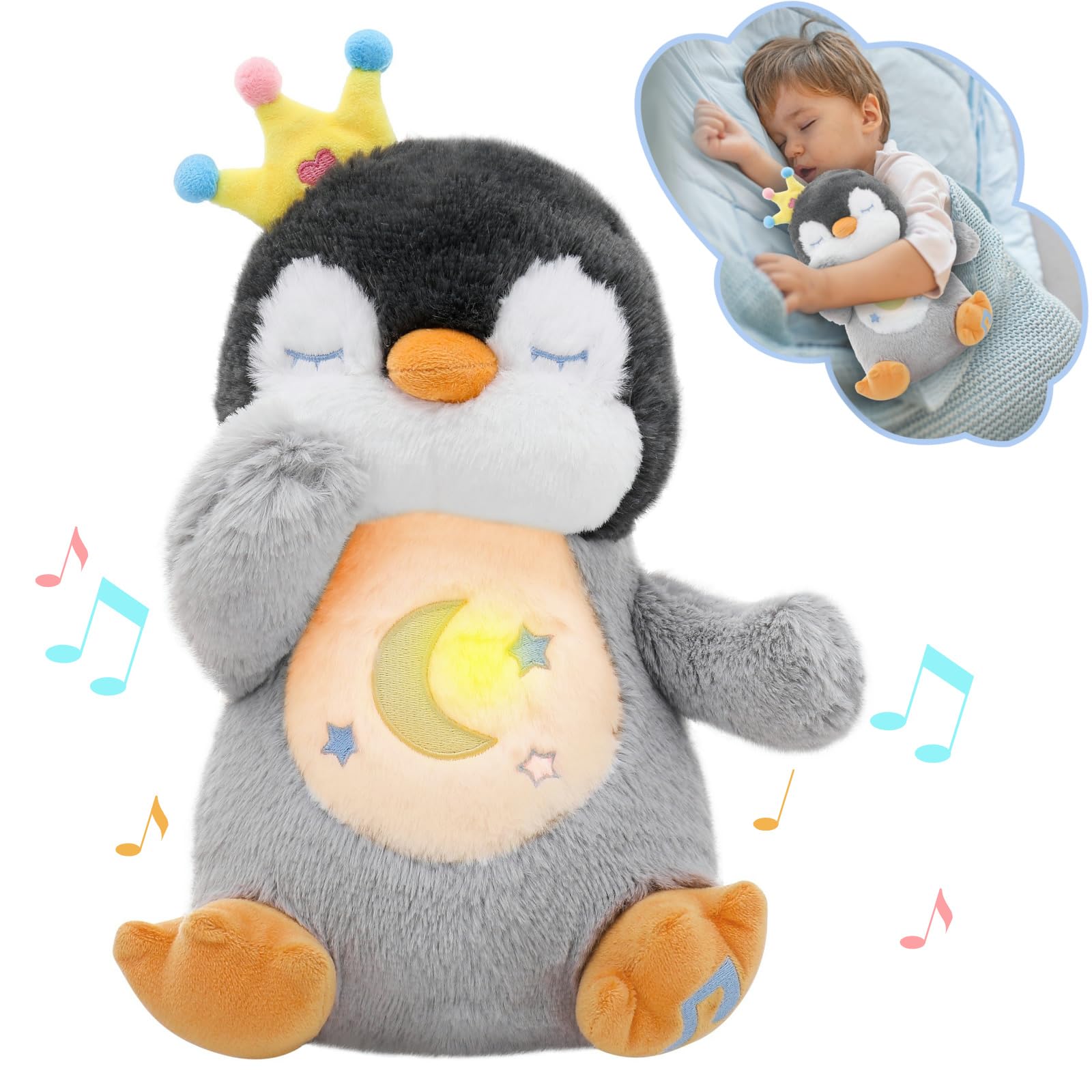 Breathing Plush, Breathing Penguins Musical Plush, Sleeping Otter Plush with Breathing Movements and Music Music, Soothing Dolls for Babies, New Gifts for Babies (Grey)