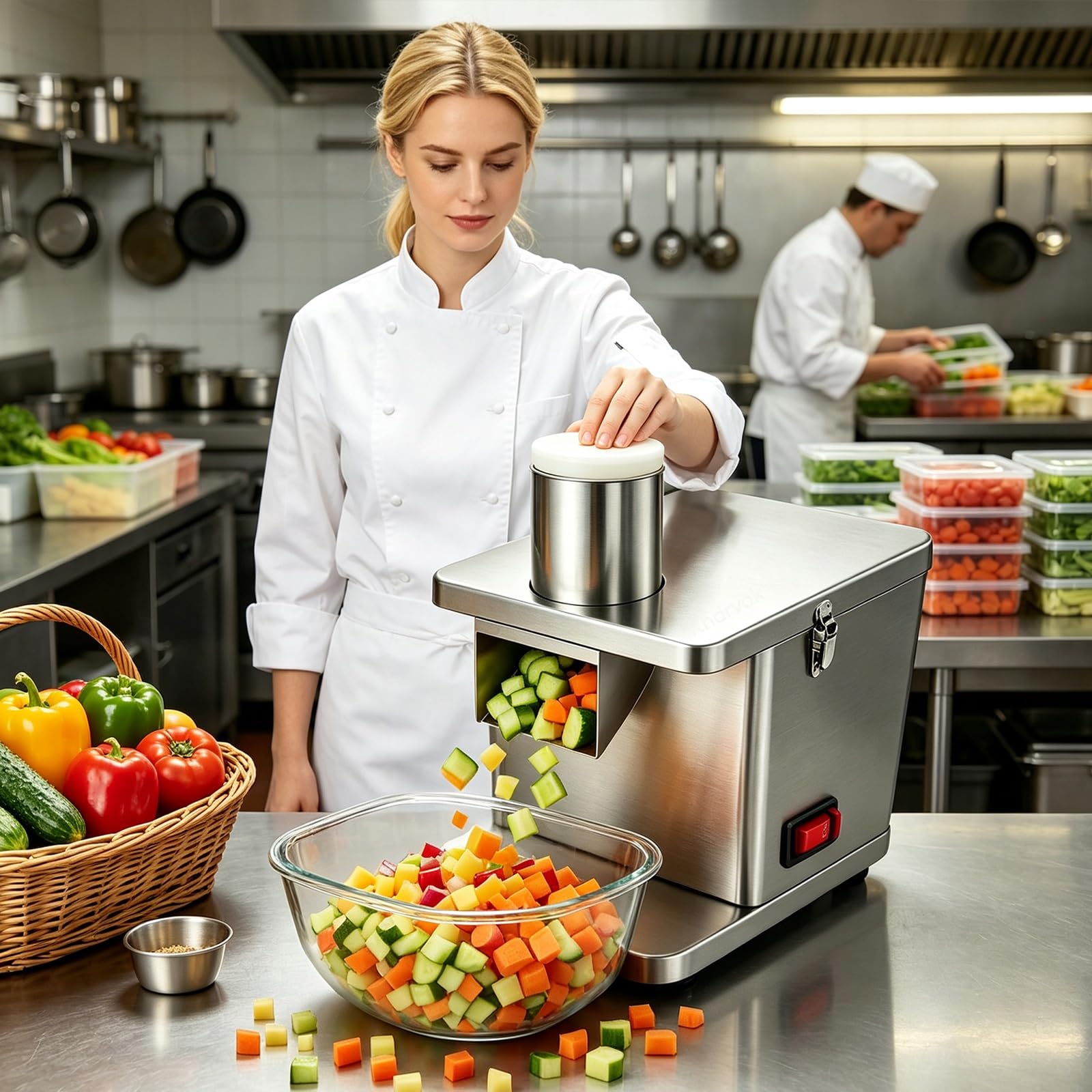 Elektrischer Gemüsezerkleinerer, 200 W, mit Schneiden, Raspeln und Würfeln. | Küchenmaschine, schneidet Zwiebeln, Kartoffeln, Karotten, bereitet Salate zu, ideal for private und gewerbliche Küchen.