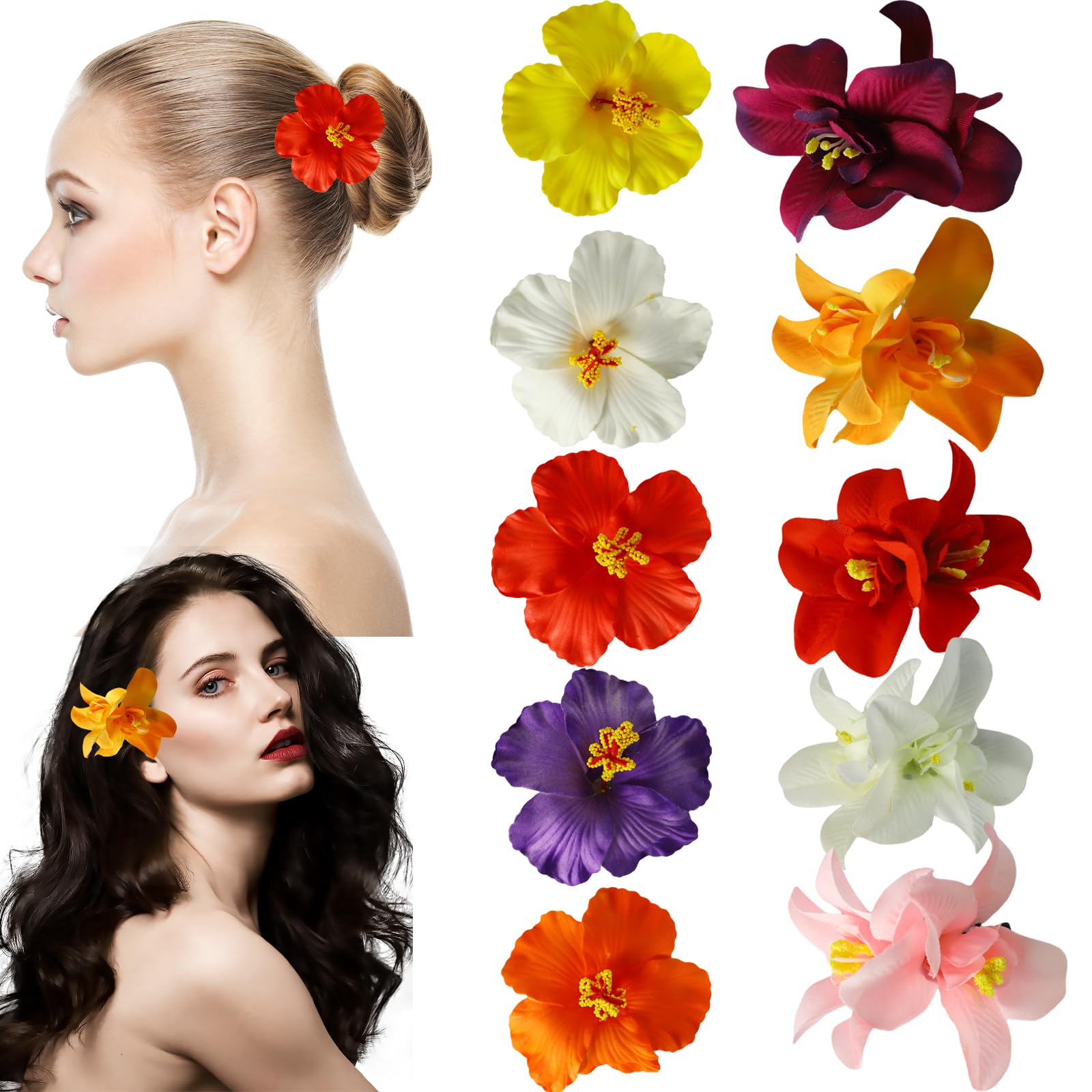 View 1 of 10 Pcs Flower Hair Clips, Flower Hair Accessories, 3.5 Inch Bridal Bobby Pins Headwear, for Vacation Party Beach Seaside(Double Flowers and Hibiscus)