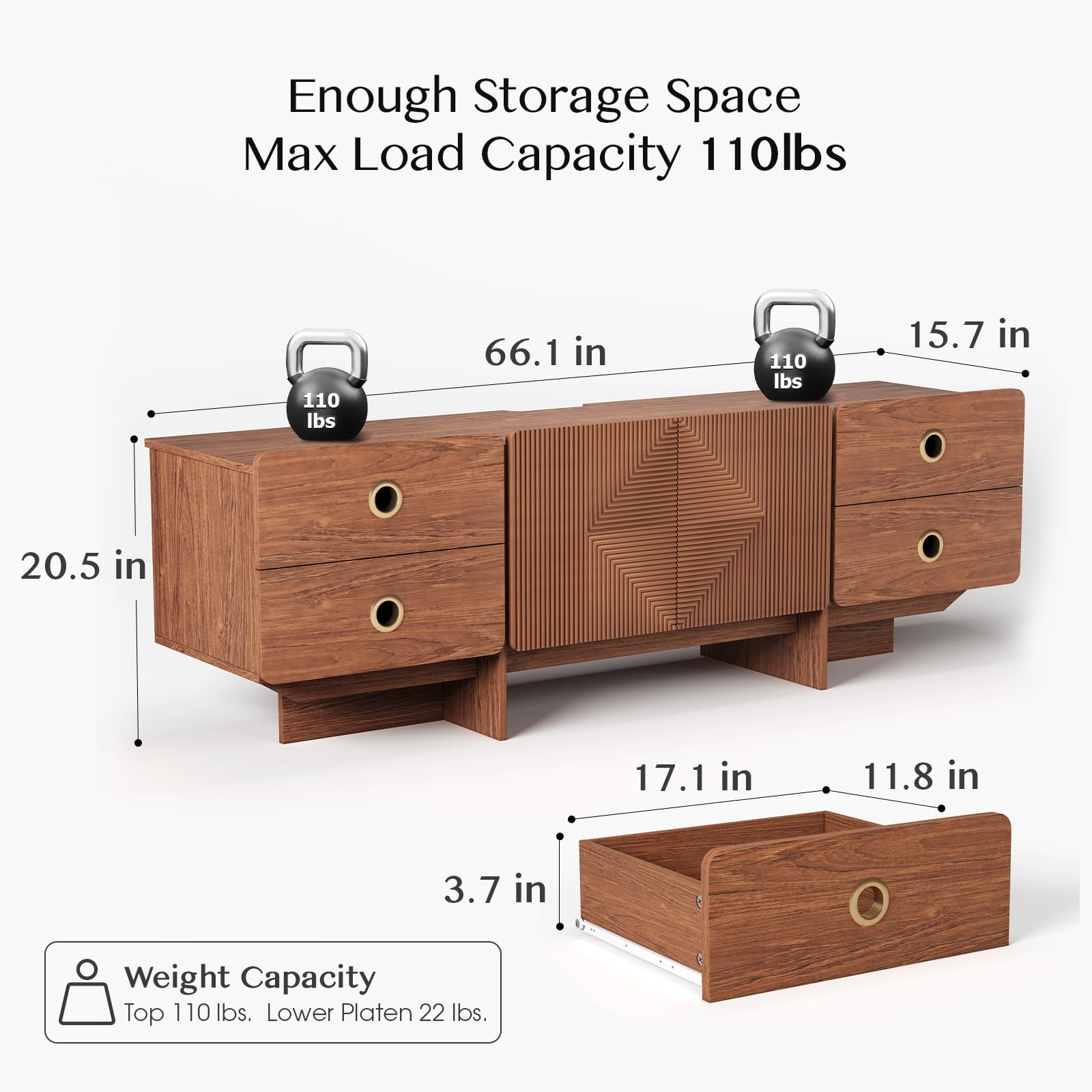 JOINICE TV Stand, Boho TV Stand for Living Room, Mid Century Modern TV Stand, Storage Cabinet and Entertainment Center, Modern TV Console Table for 75+ Inch TV(Cherry 66