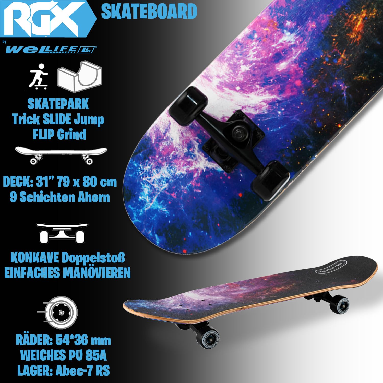 WeLLIFE Skateboard für Anfänger, 80x20cm Holz Skateboard Kinder, Jugendliche Erwachsene,ABEC-9 Kugellager, 9 Schichten Ahorn Double Kick Skate Concave Trick