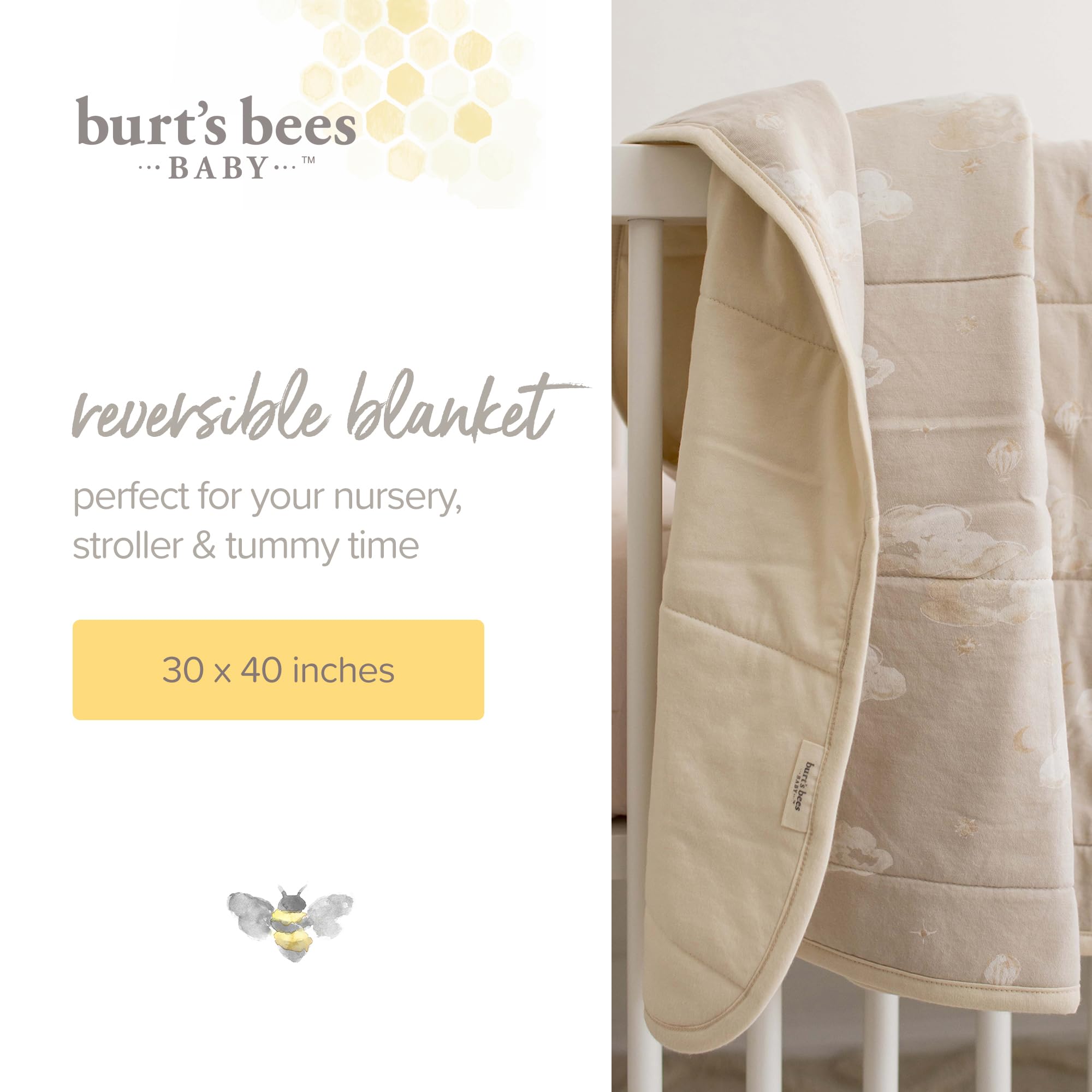 Burt's Bees Baby Manta Reversible, para guardería, Cochecito y Barriga de algodón orgánico, Acolchada, Ropa de Cama para bebés y niños pequeños