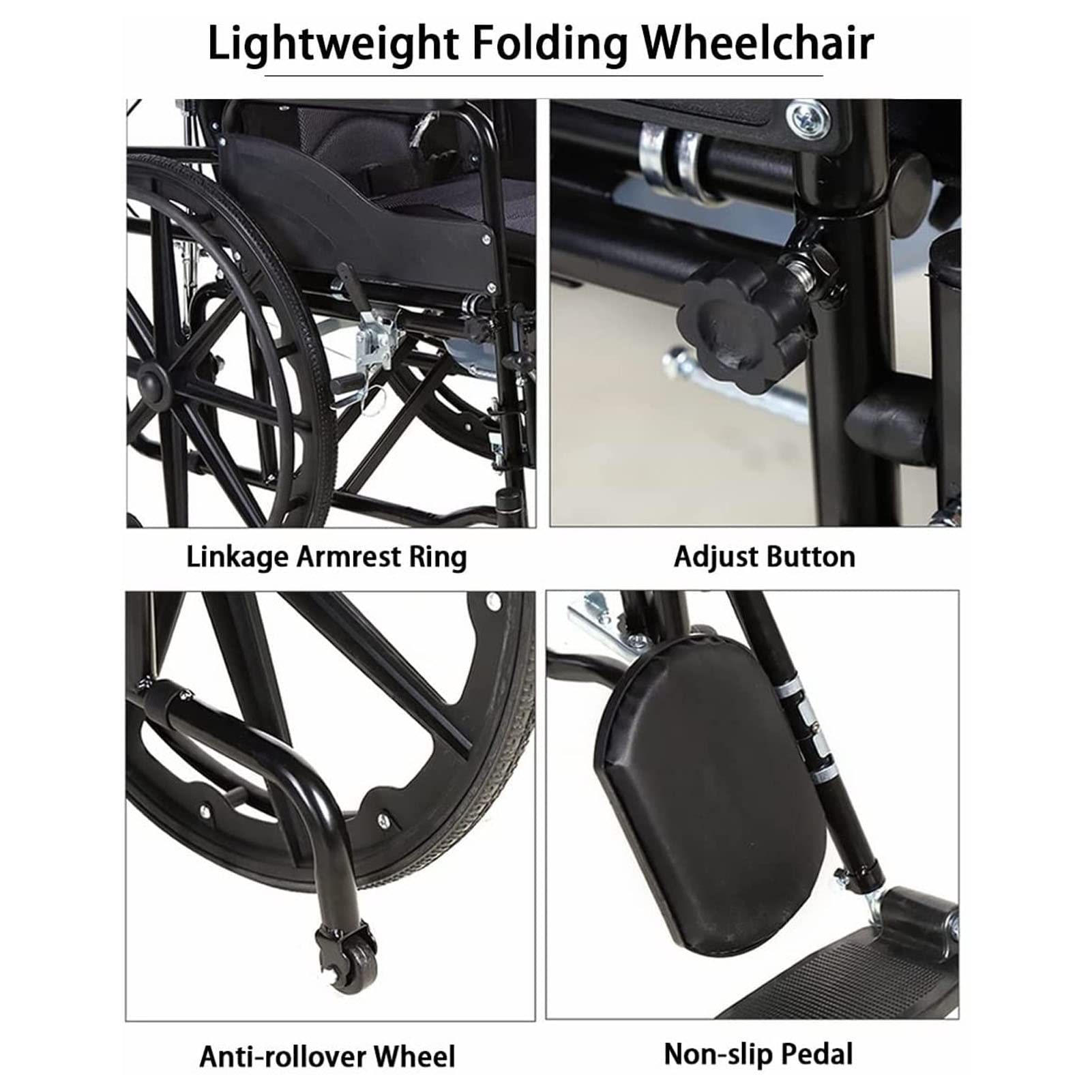 Sillas de ruedas autopropulsadas, silla de ruedas reclinable, silla de ruedas plegable, brazo de escritorio ligero, desmontable acolchado con patas elevadoras oscilantes