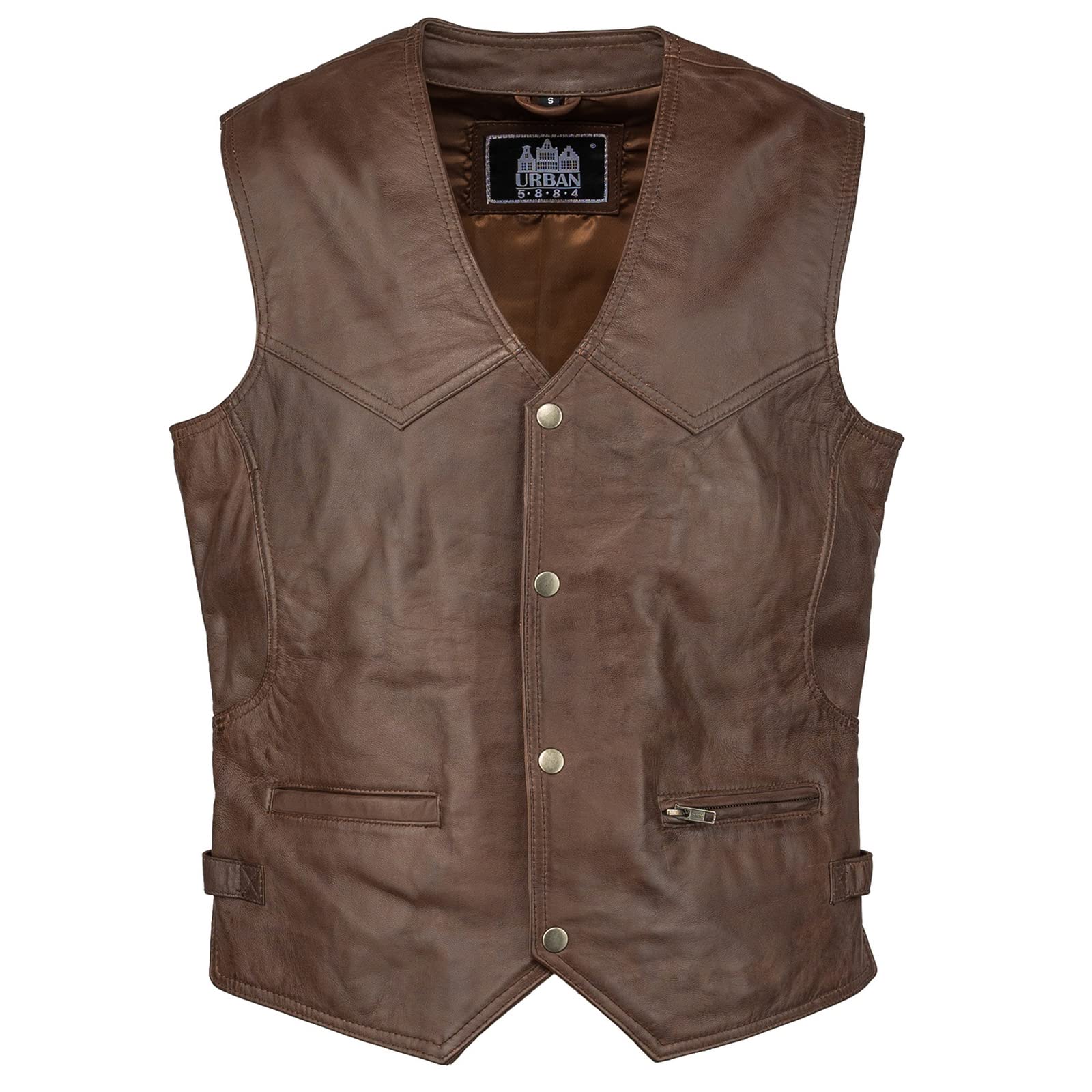 URBAN 5884 Billie Genuine Biker Style, Motorcycle, Comfortable and Comfortable Sheepskin Biker Vest with Button Closure Men, brown, L