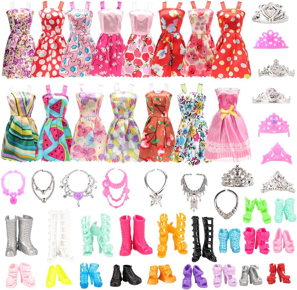 BARWA 32 pcs Doll Clothes and Accessories 10 pcs Mini Party Dresses 22 pcs Shoes, Crown, Necklace for 11.5 inch Dolls