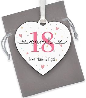 13th 16th 18th 21st 30th Birthday Gifts for Girls Daughter Granddaughter Her, ANY AGE and NAMES, Personalised 18th Birthday Wooden Heart Plaque Sign, 18th Birthday Decoration, With Grey Bag