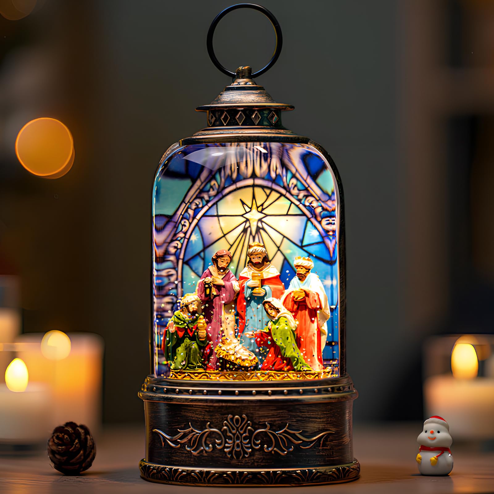 Christmas Snow Globe Swirling Glittering Nativity Scene with Music, USB Lined/Battery Operated Lighted Water Lantern for Christmas Festival Decoration Gifts