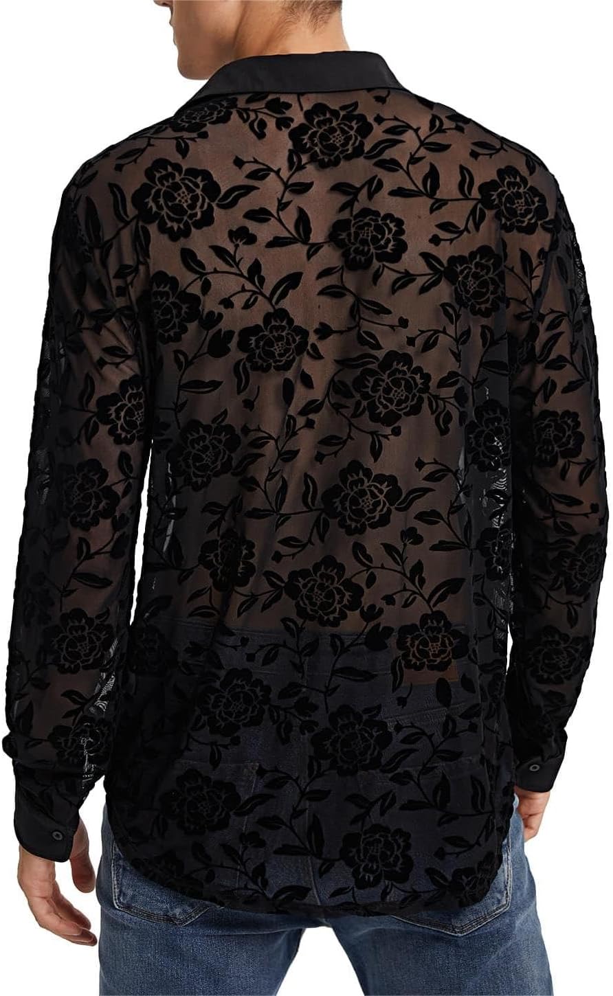 WDIRARA Men's Floral Sheer Mesh See Through Button Front Long Sleeve Collar Party Club Tops Shirt