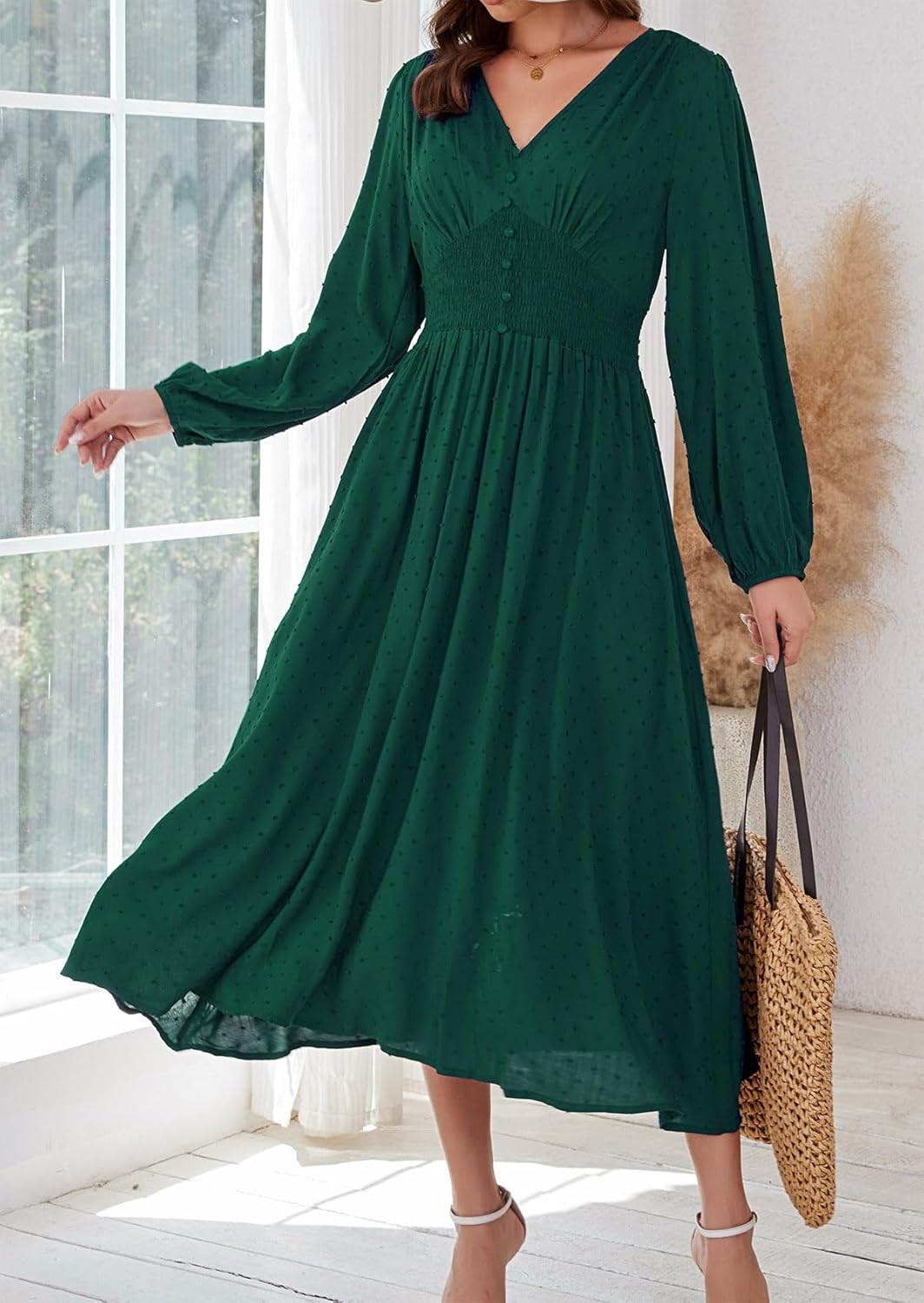 Kormei Women Casual Boho V Neck Long Sleeve Swiss Dot Smocked High Waist A Line Swing Fall Midi Long Dress - Image 2