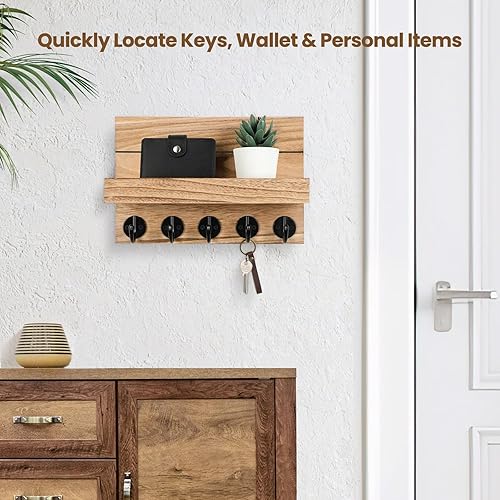 Miniatura 4 de Soporte para llaves montado en la pared, 9.8 x 6.7 x 4.2 pulgadas, estante decorativo de pared con ganchos para llaves, correa de perro, cartera,