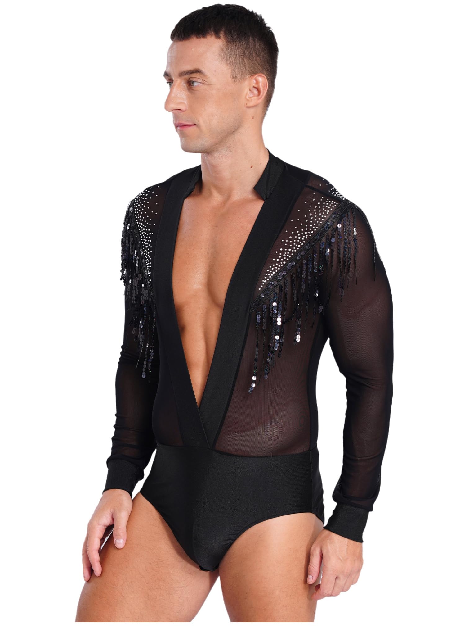 MSemis Maillot Baile Latino para Hombres Body Manga Larga de Gimnasia Rítmica Patinaje con Cuello en V y Diamantes Brillantes Mono de Danza Jazz Tango Salón