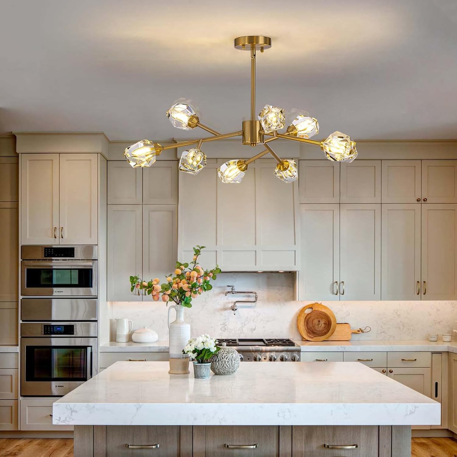 Sputnik Crystal Chandeliers for Dining Room, Brass Modern Chandelier, 9-Light Gold Chandelier Light Fixture for Living Room, Bedroom, Kitcken, Globe Flush Ceiling Light L31.5 x W31.5