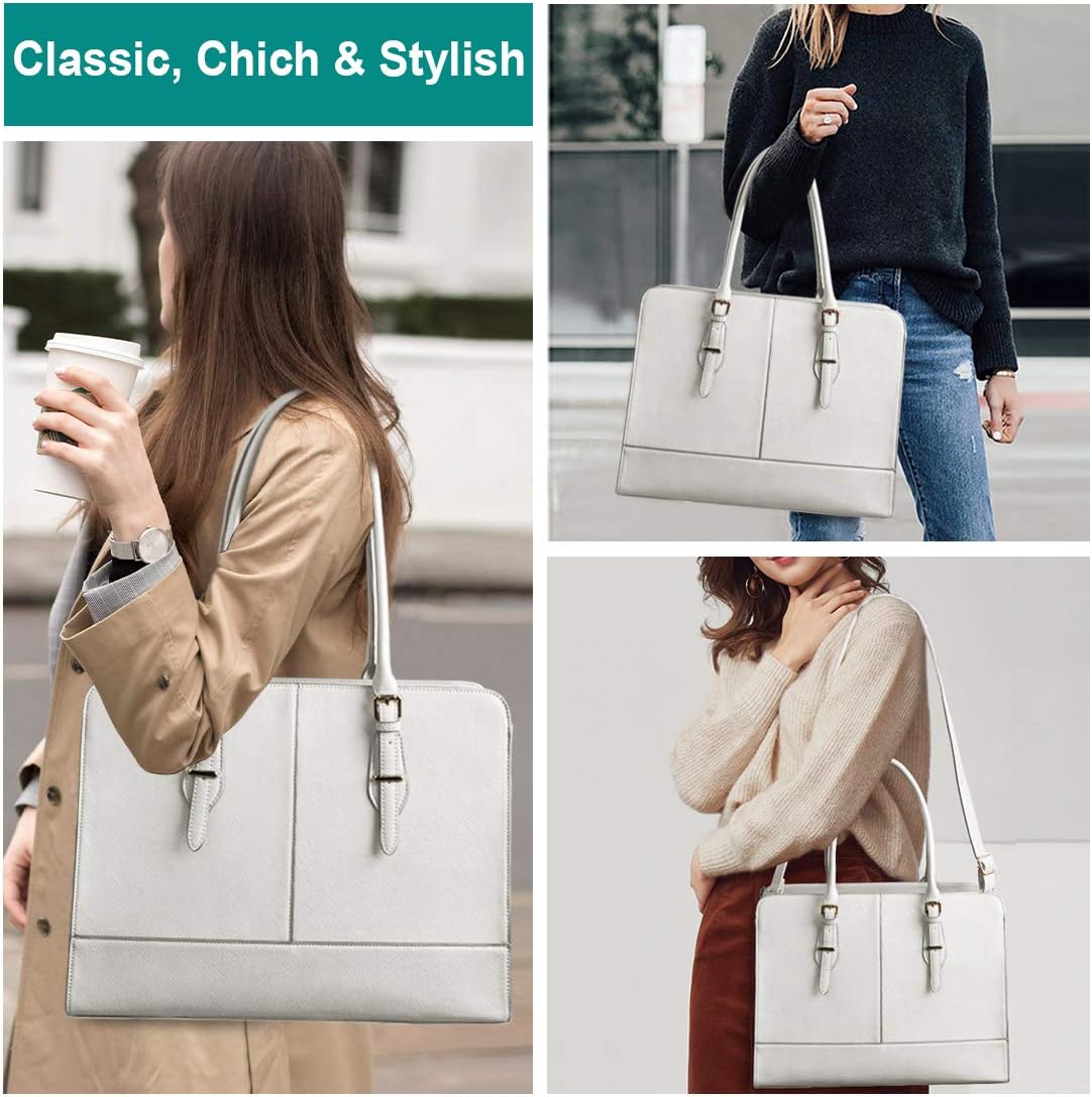 Women Laptop Bag Leather Work Tote 15.6 Inch Laptop Computer Bag Business Shoulder Messenger Bag (Beige) : Electronics