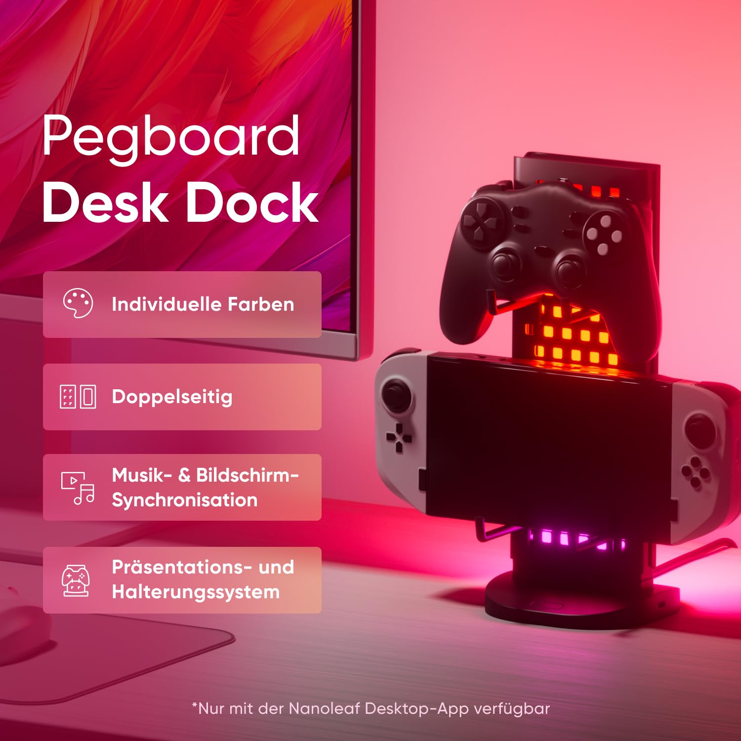 Nanoleaf Pegboard Gaming Dock, 3 in 1 RGBIC Tischlampe mit Controller/Kopfhörer Halter, Doppelseitige Lichteffekte, USB-C, Musik & Screen Sync über Desktop App, Ambiente Schreibtisch Lampe