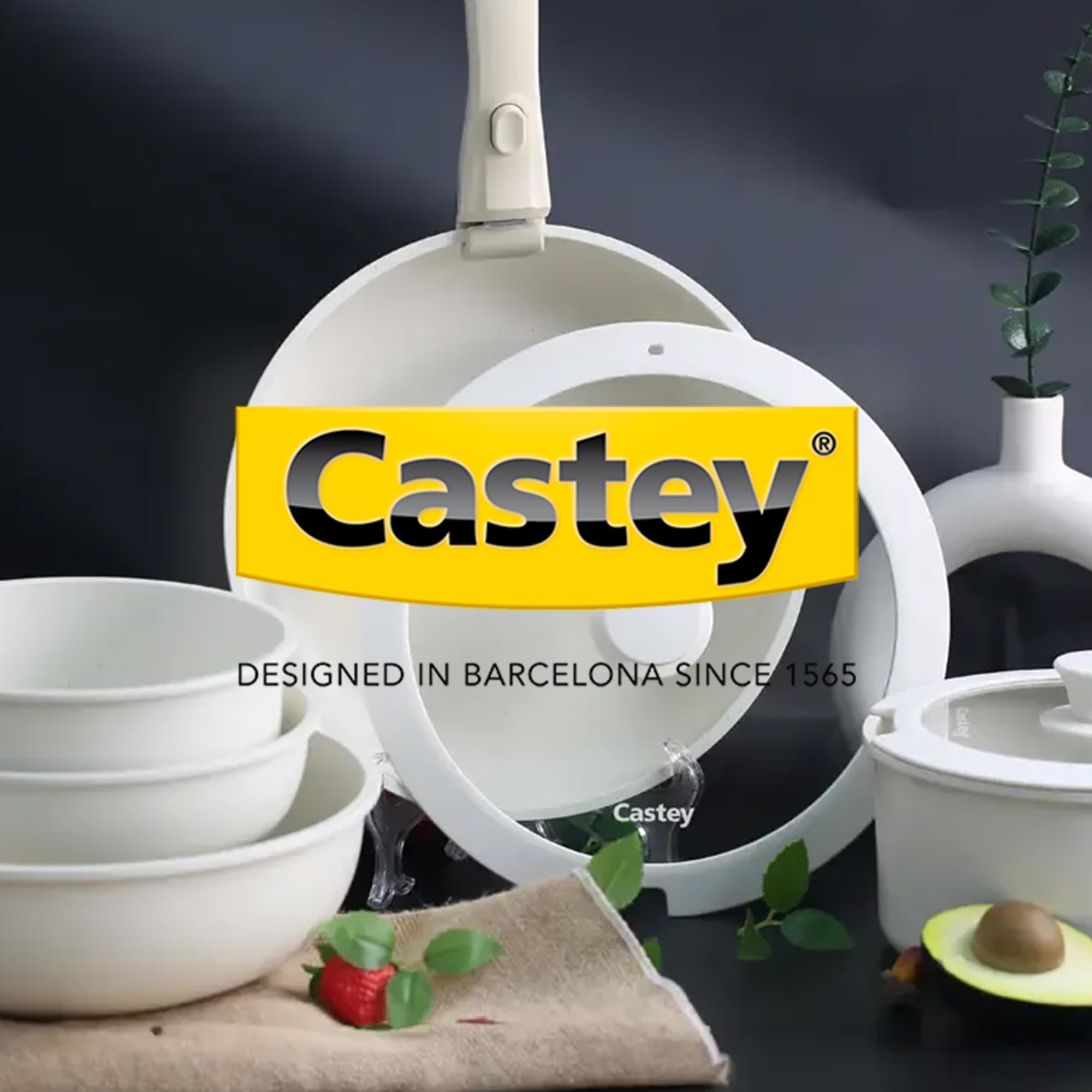 CASTEY - Batería de Cocina 8 Piezas, Modelo BAT-C8WH, Acero Inoxidable 18/10, Base de Aluminio, Recubrimiento Antiadherente Sin PFOA, Sartenes, Ollas y Cacerolas con Tapa y Mango Extraíble, Blanco