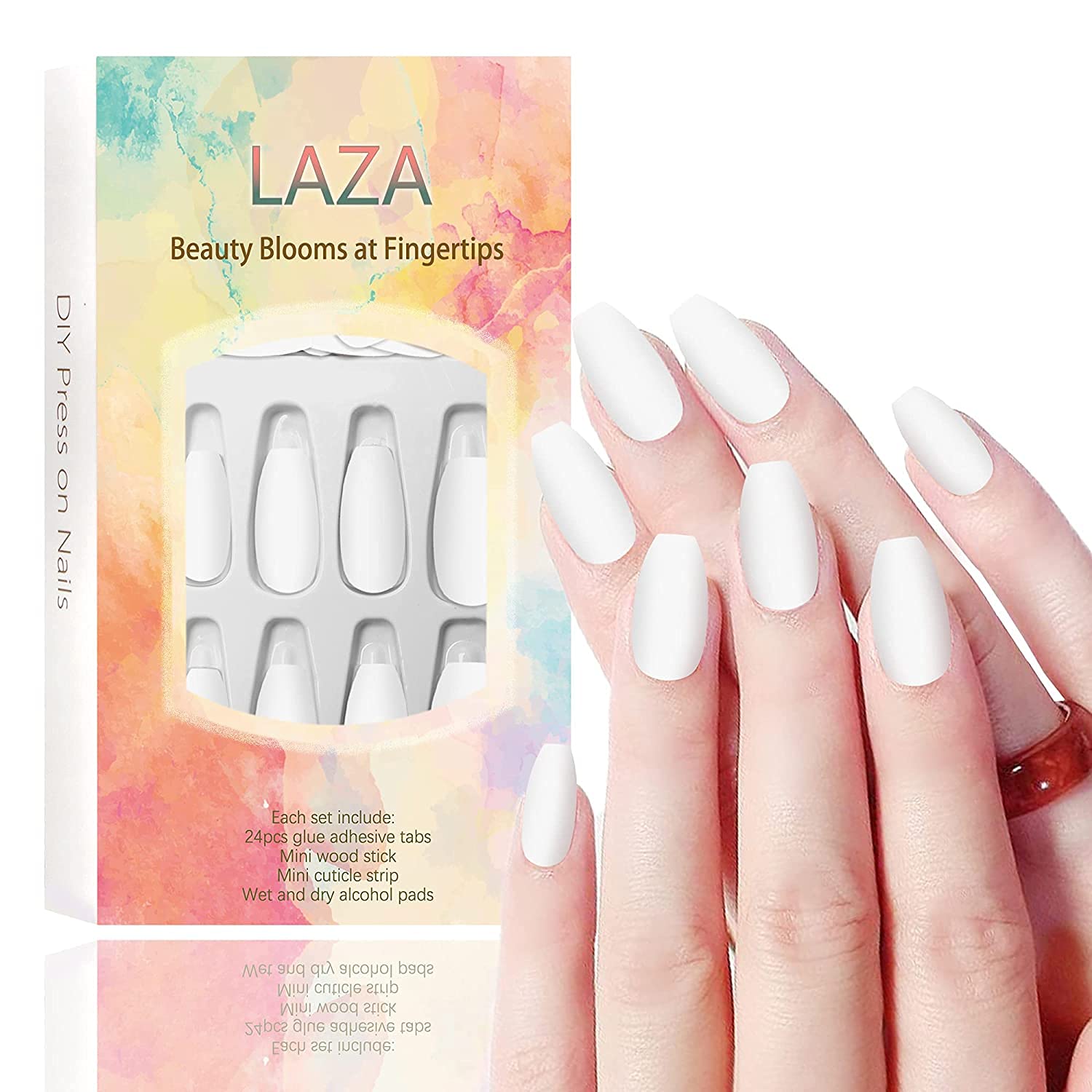 Laza 24pcs Colorful Fake Nails Square Full Cover Lily Ivory Oyster Color Medium Matte Acrylic Nail Kits Sets with Glue Tabs Nail File Wood Stick for Daily Use - Pearl White