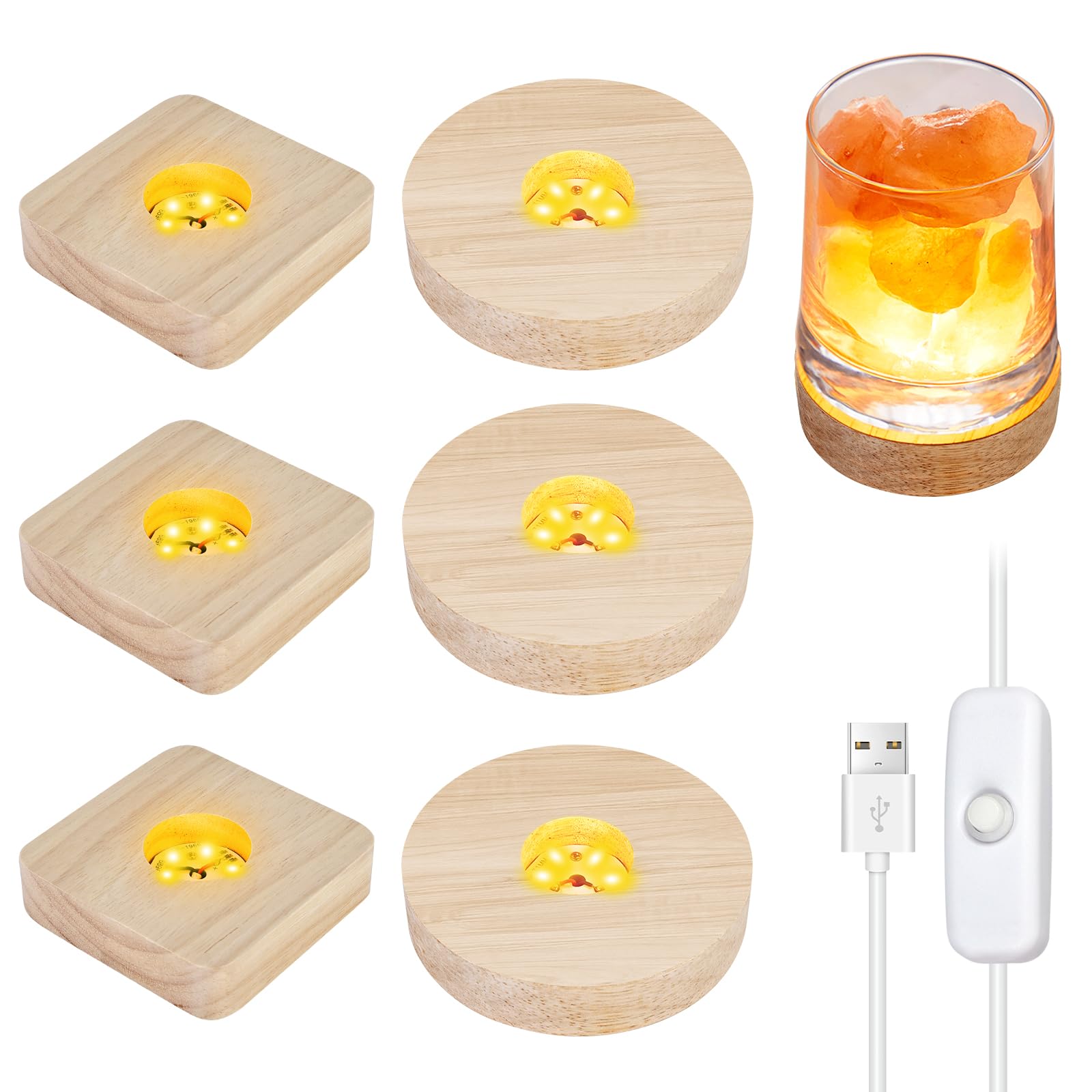Lot De 6 Socles LED En Bois : 3 Ronds + 3 Rectangles - Éclairage Réglable 3 Couleurs Pour Boules De Cristal, Bijoux & Résine